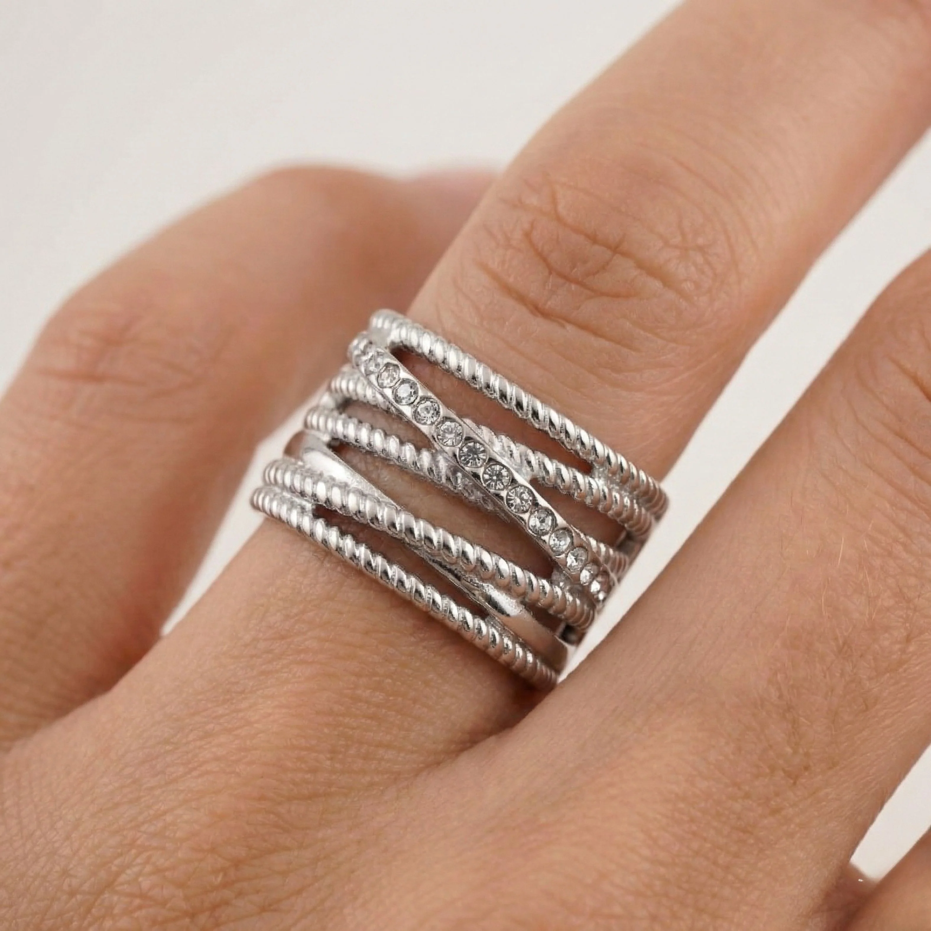 Amber Crystal Crossover Ring, Silver