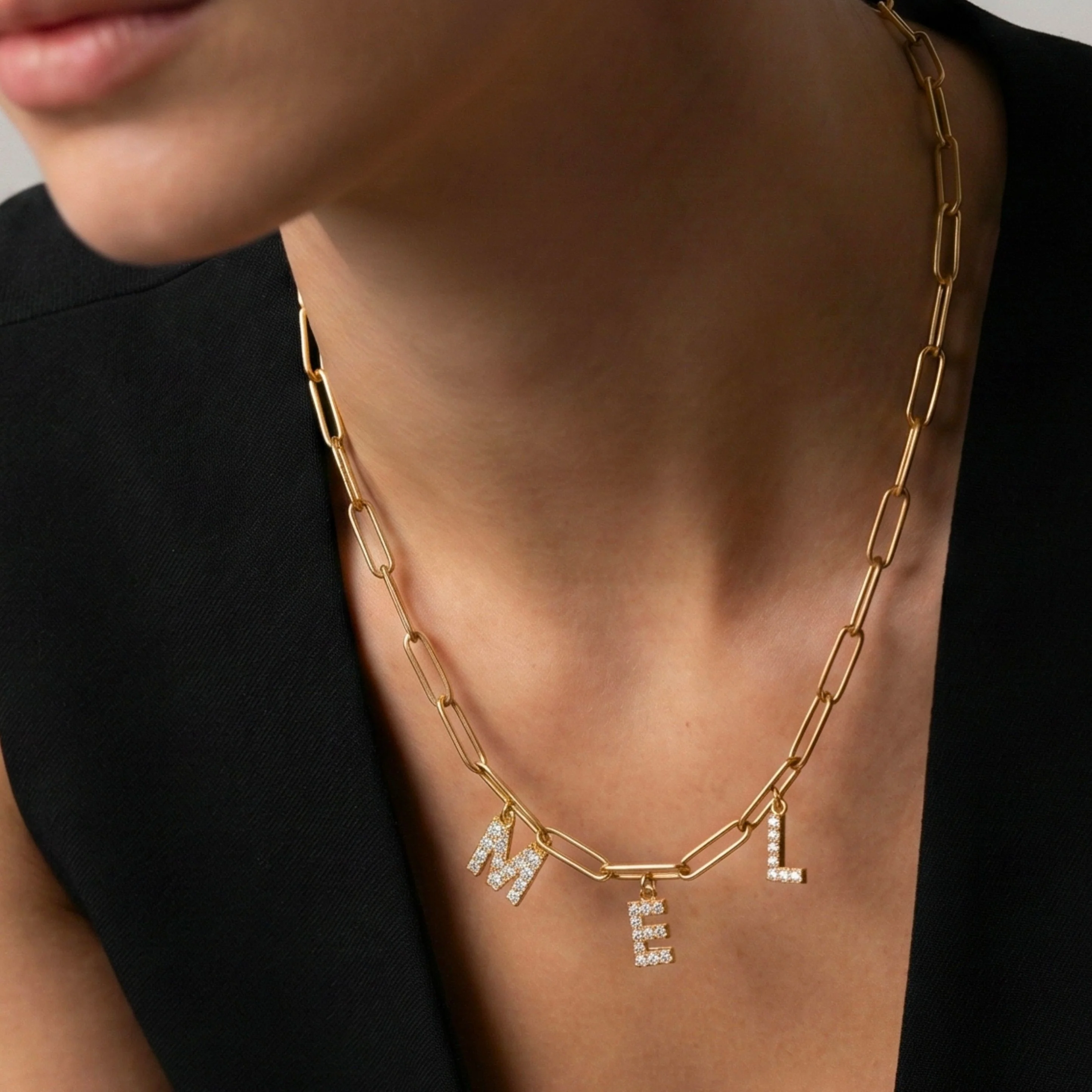 Charm Builder™ Paperclip Chain Crystal Initial Name Necklace, Gold
