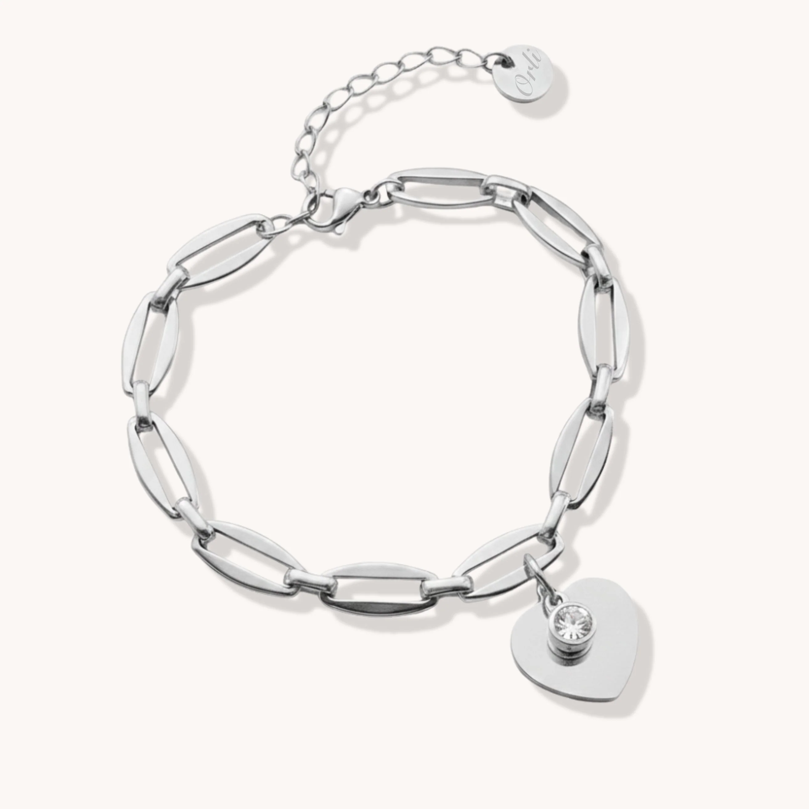 Classic Heart & Birthstone Long Link Bracelet in Silver