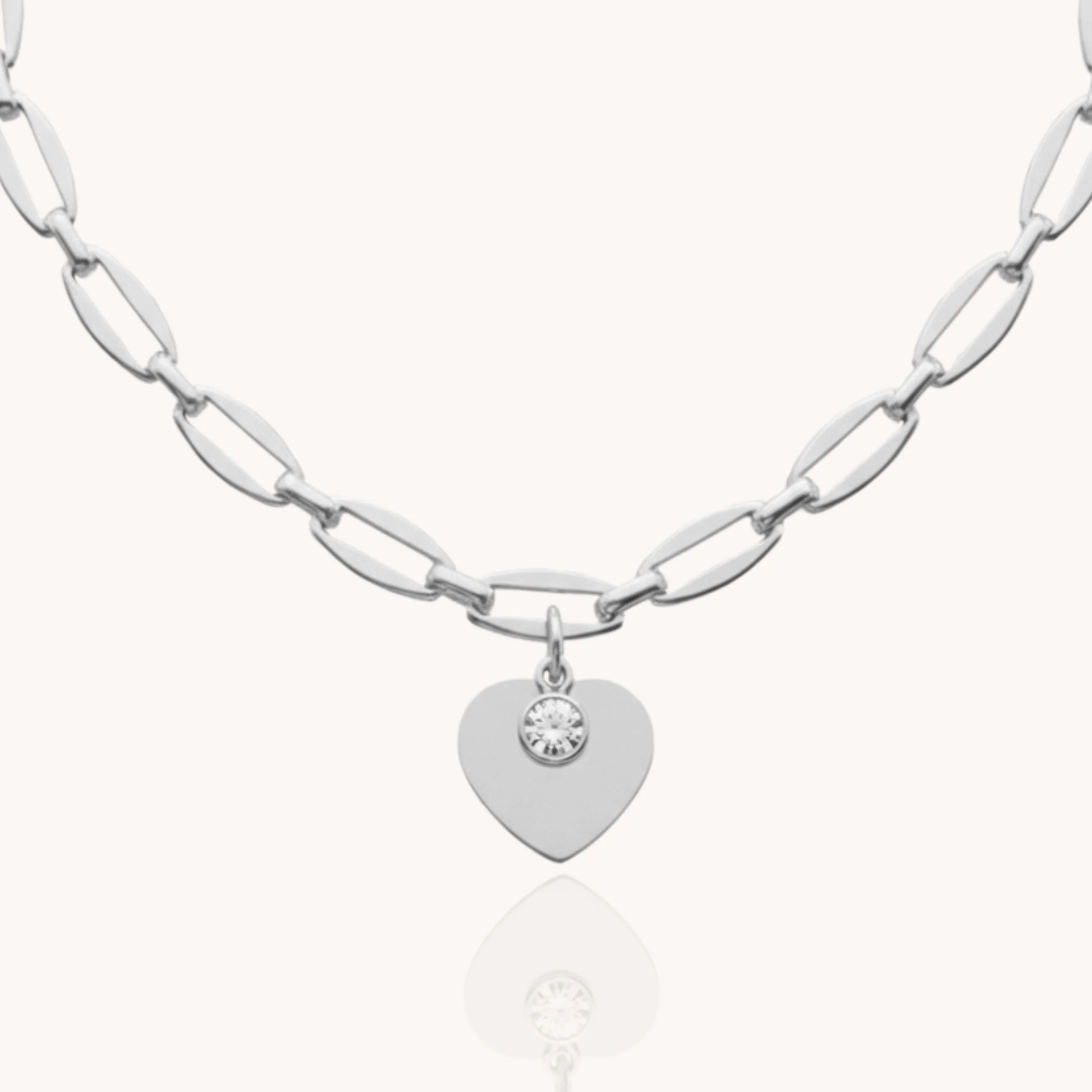 Classic Heart and Birthstone Long Link Necklace in Silver