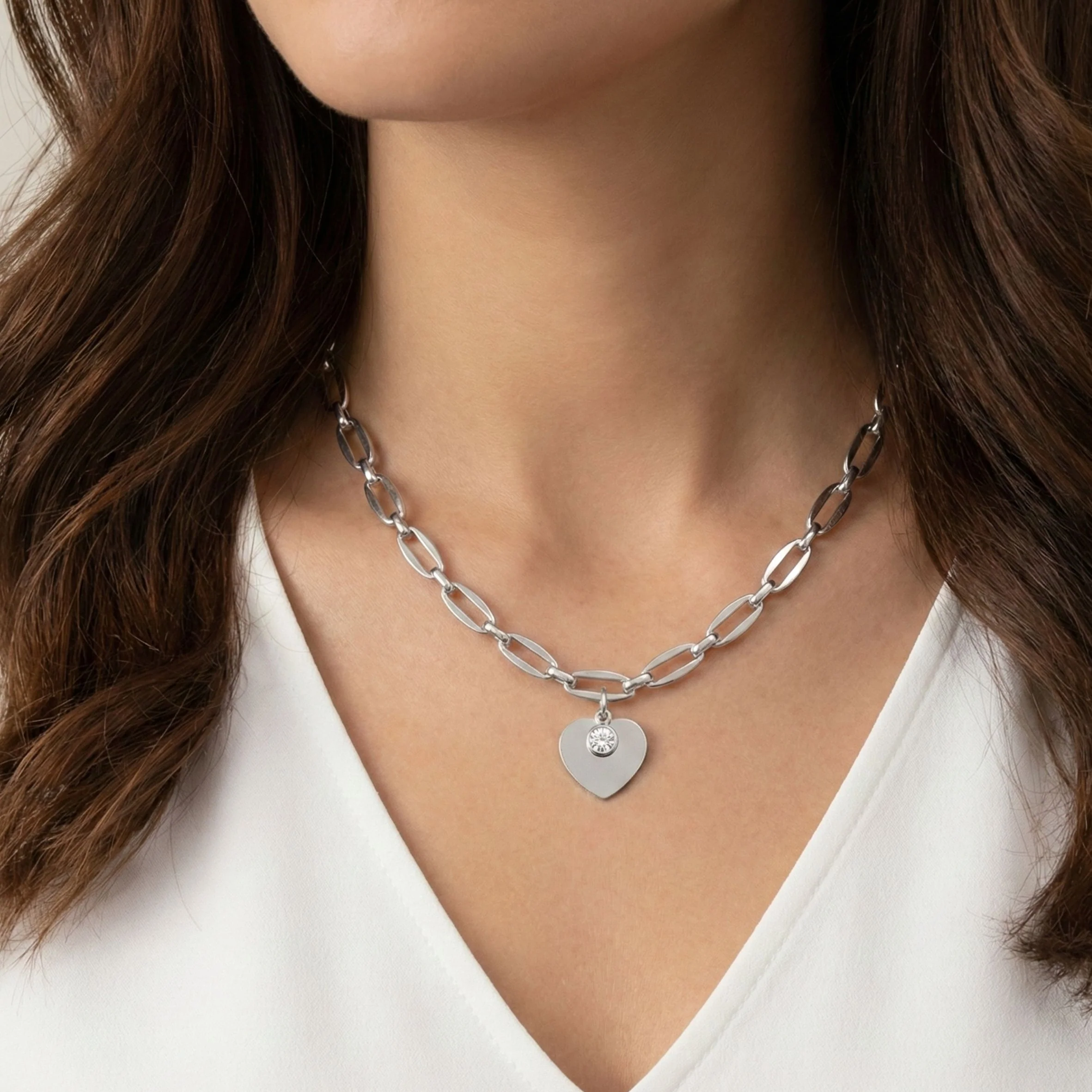 Classic Heart and Birthstone Long Link Necklace in Silver - Image 4