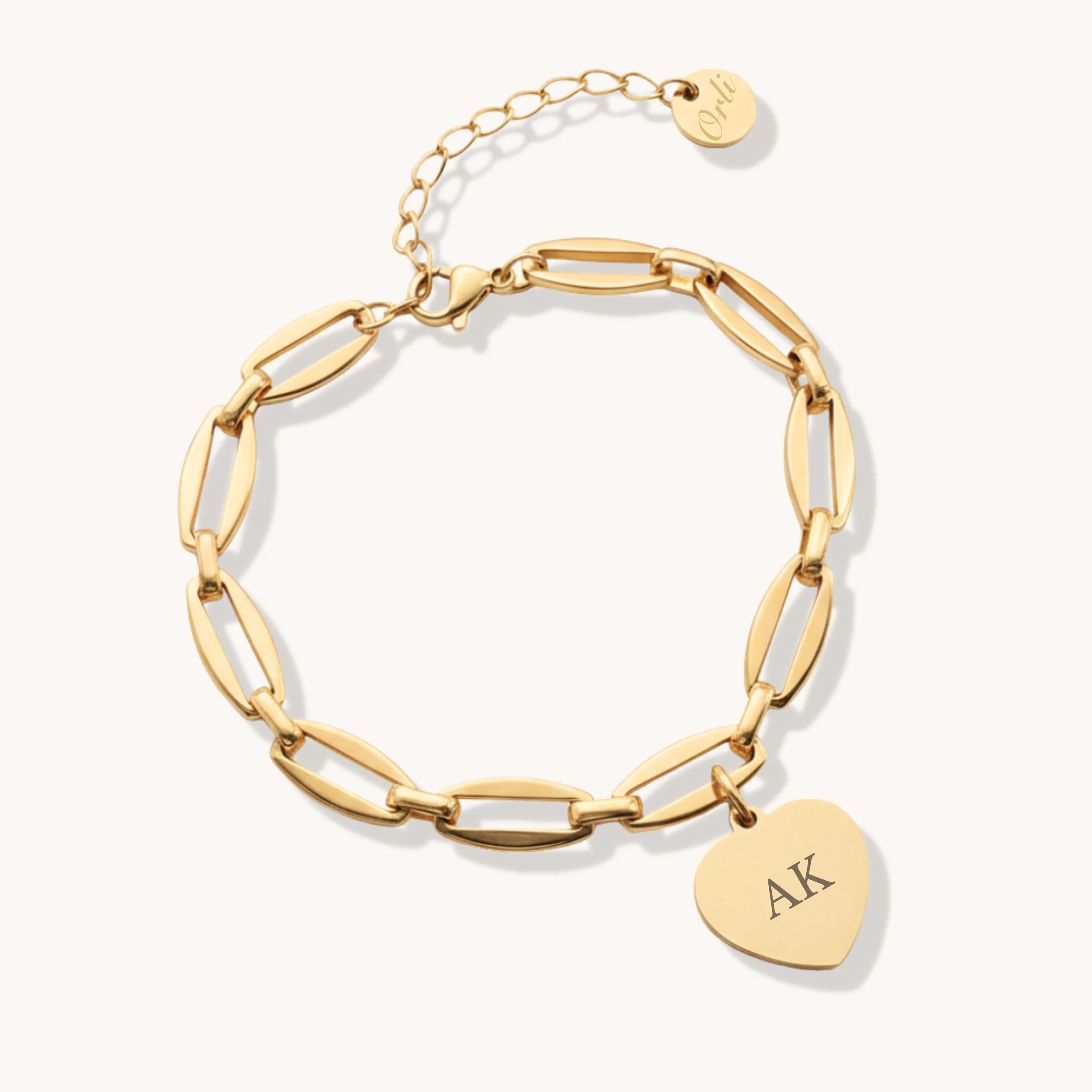 Classic Heart Engravable Long Link Bracelet in Gold
