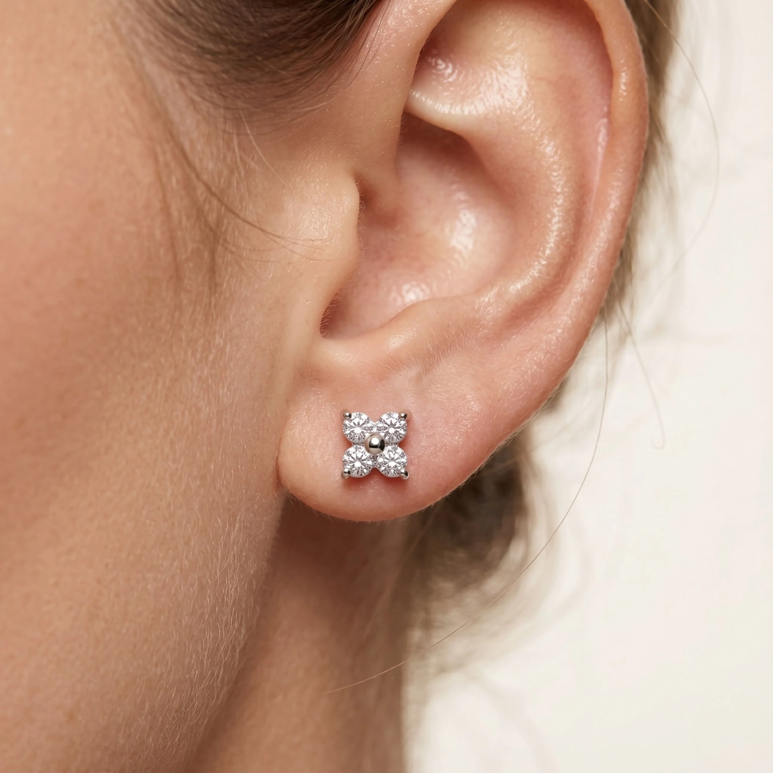 Crystal Clover Stud Earrings in Silver - Image 2