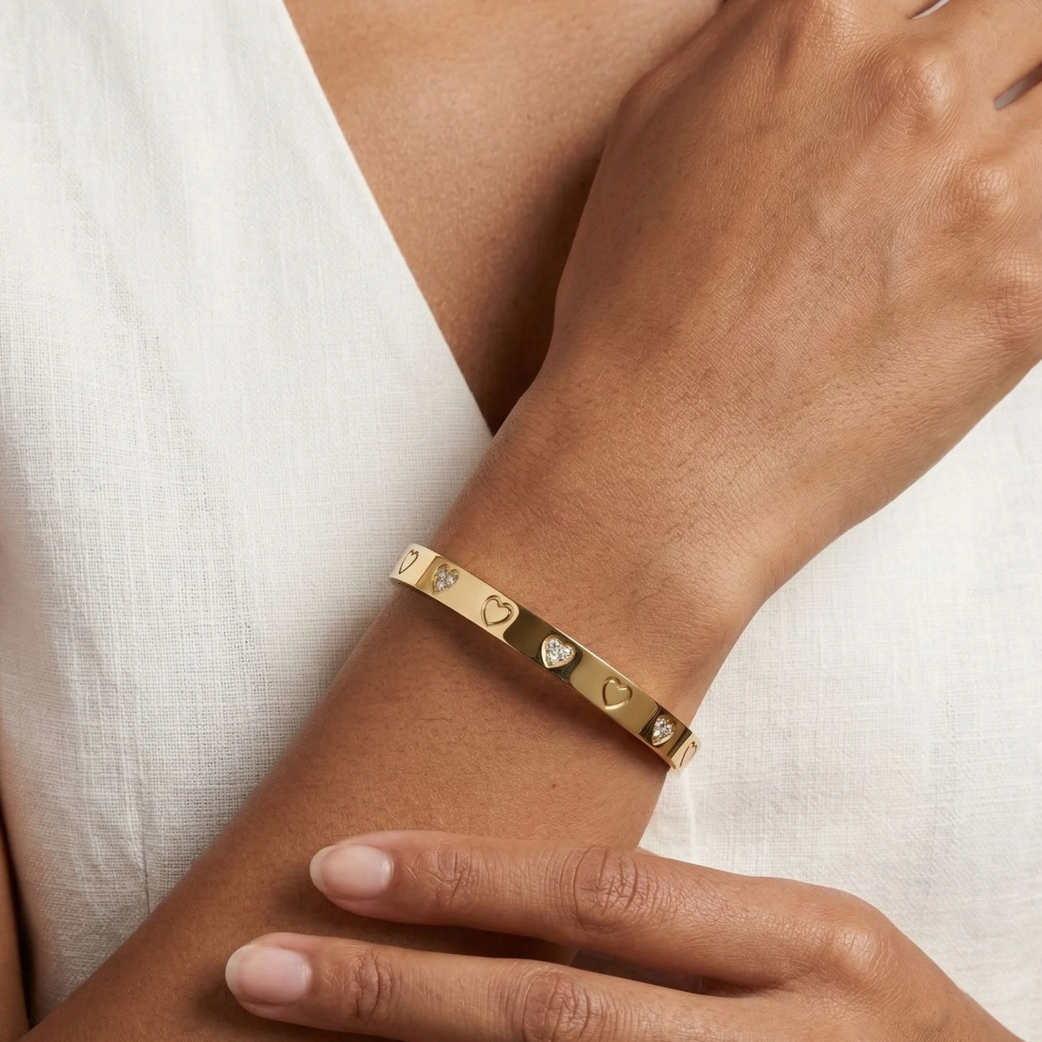 Crystal Heart Bangle in Gold