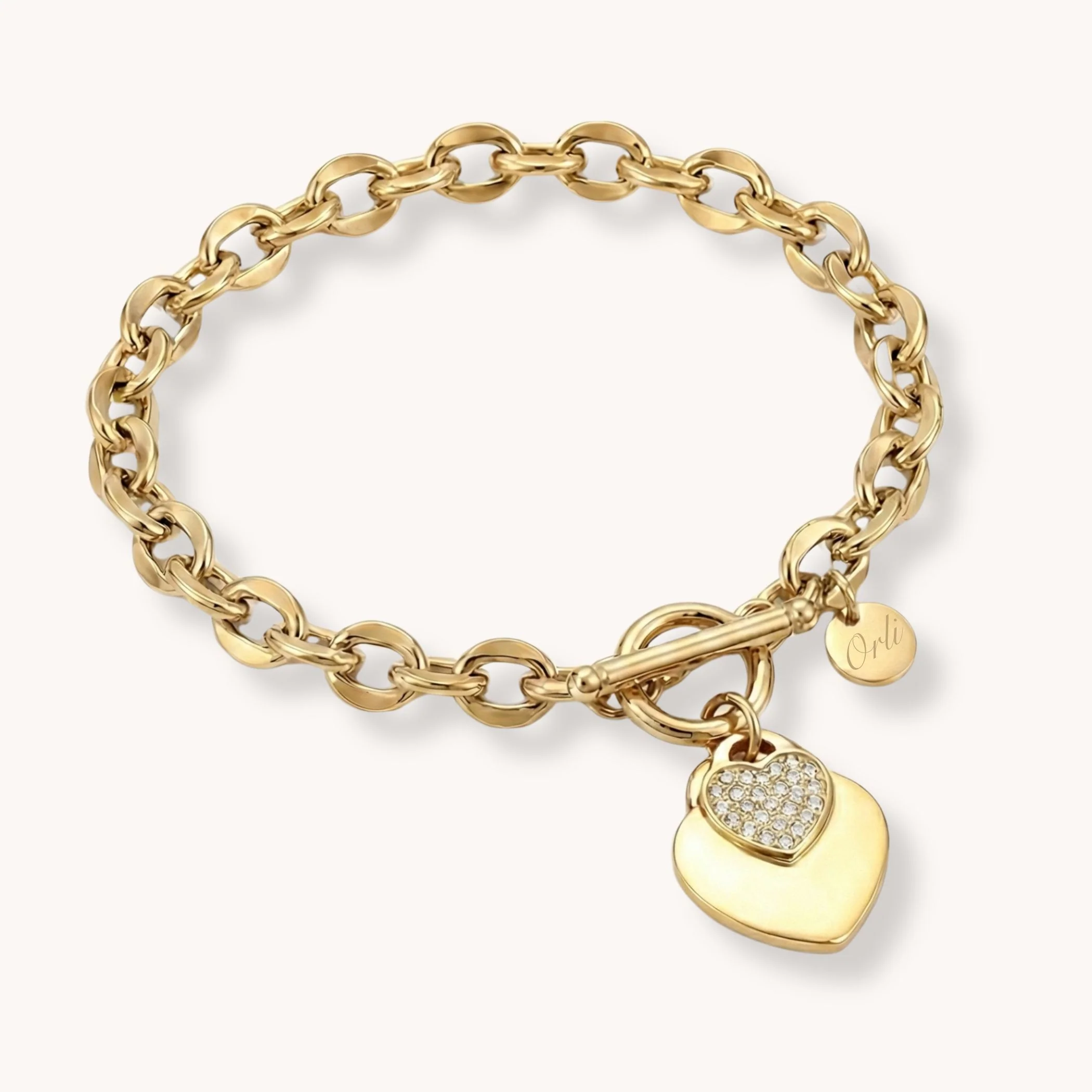 Double Crystal Heart Chunky T-bar Bracelet in Gold