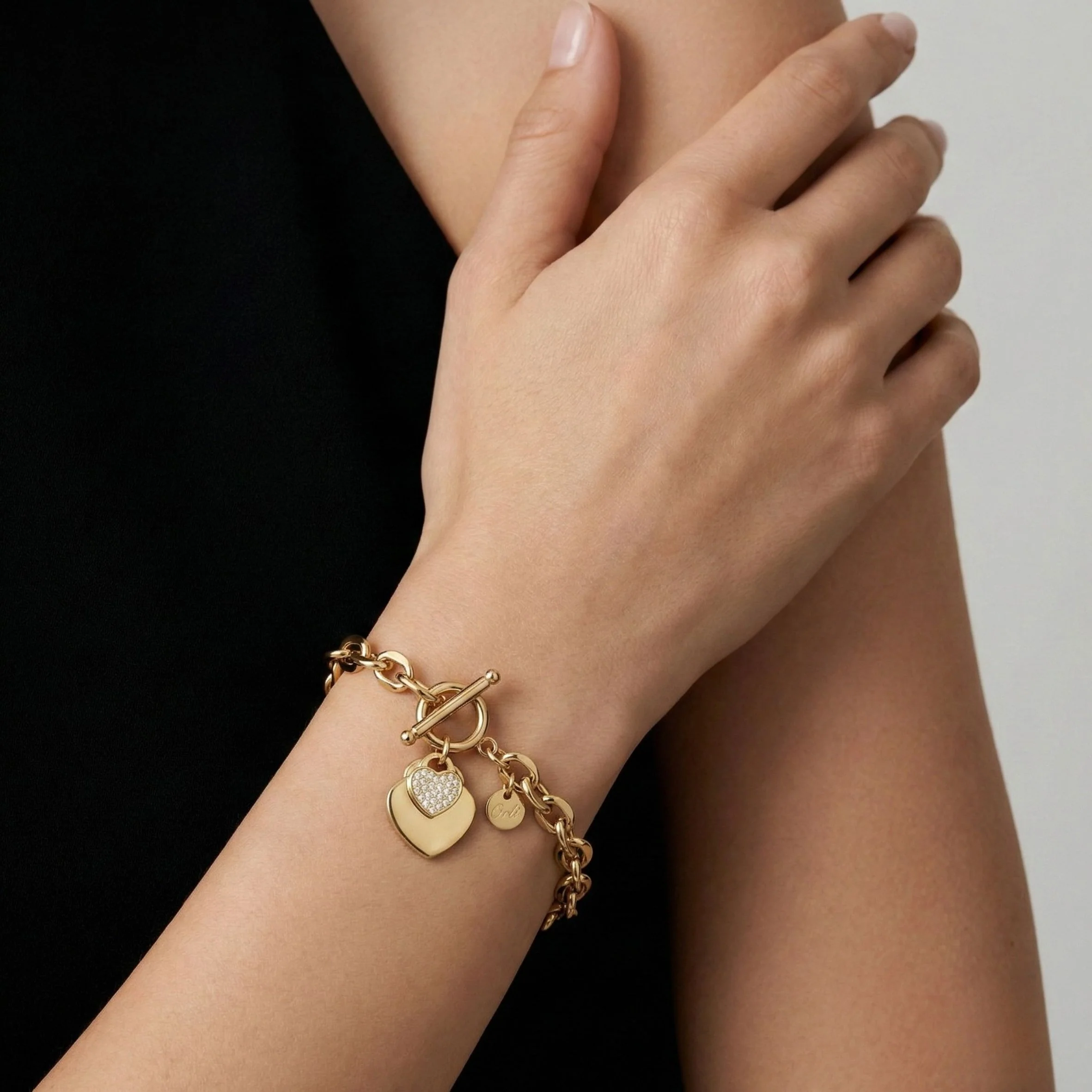 Double Crystal Heart Chunky T-bar Bracelet in Gold - Image 2