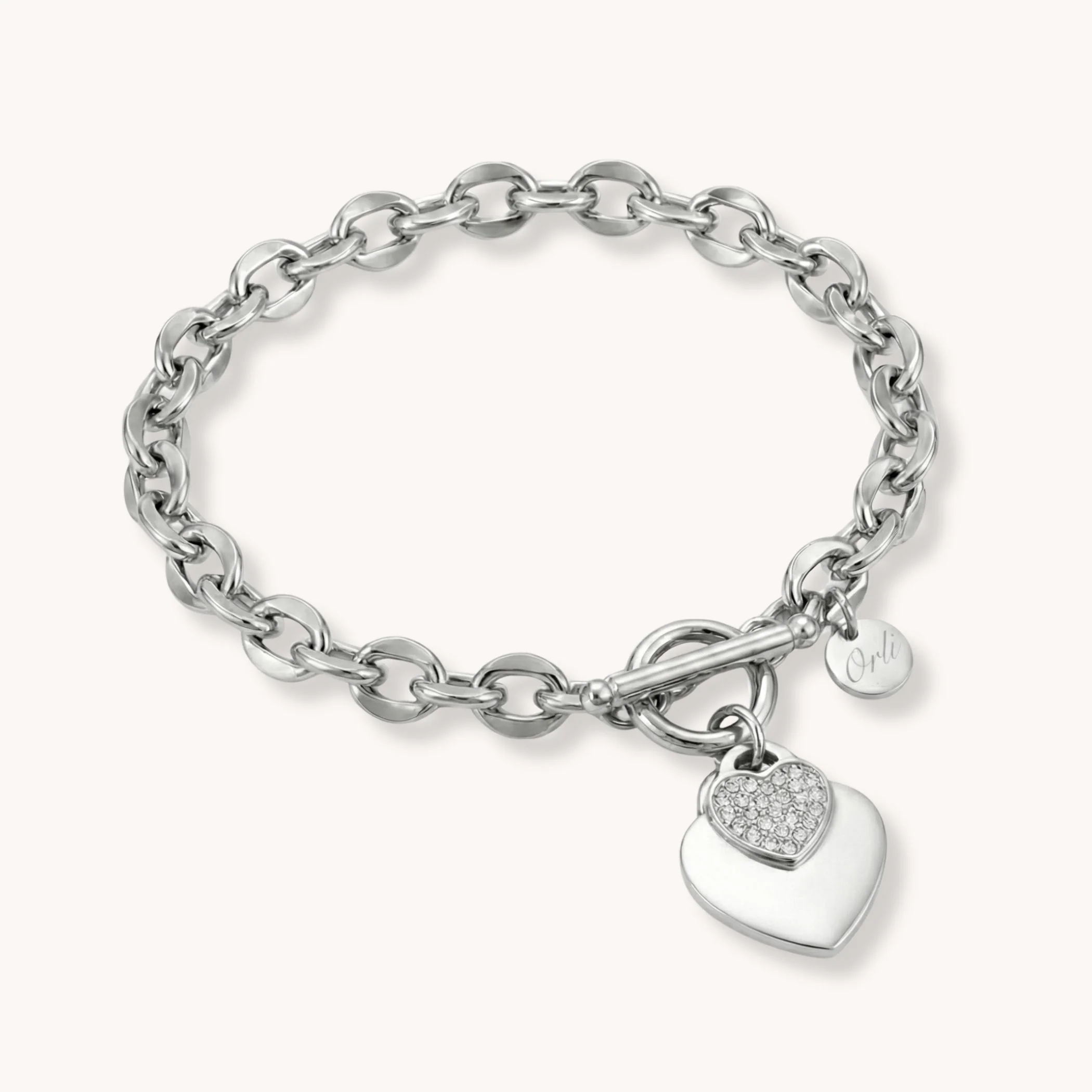 Double Crystal Heart Chunky T-bar Bracelet in Silver