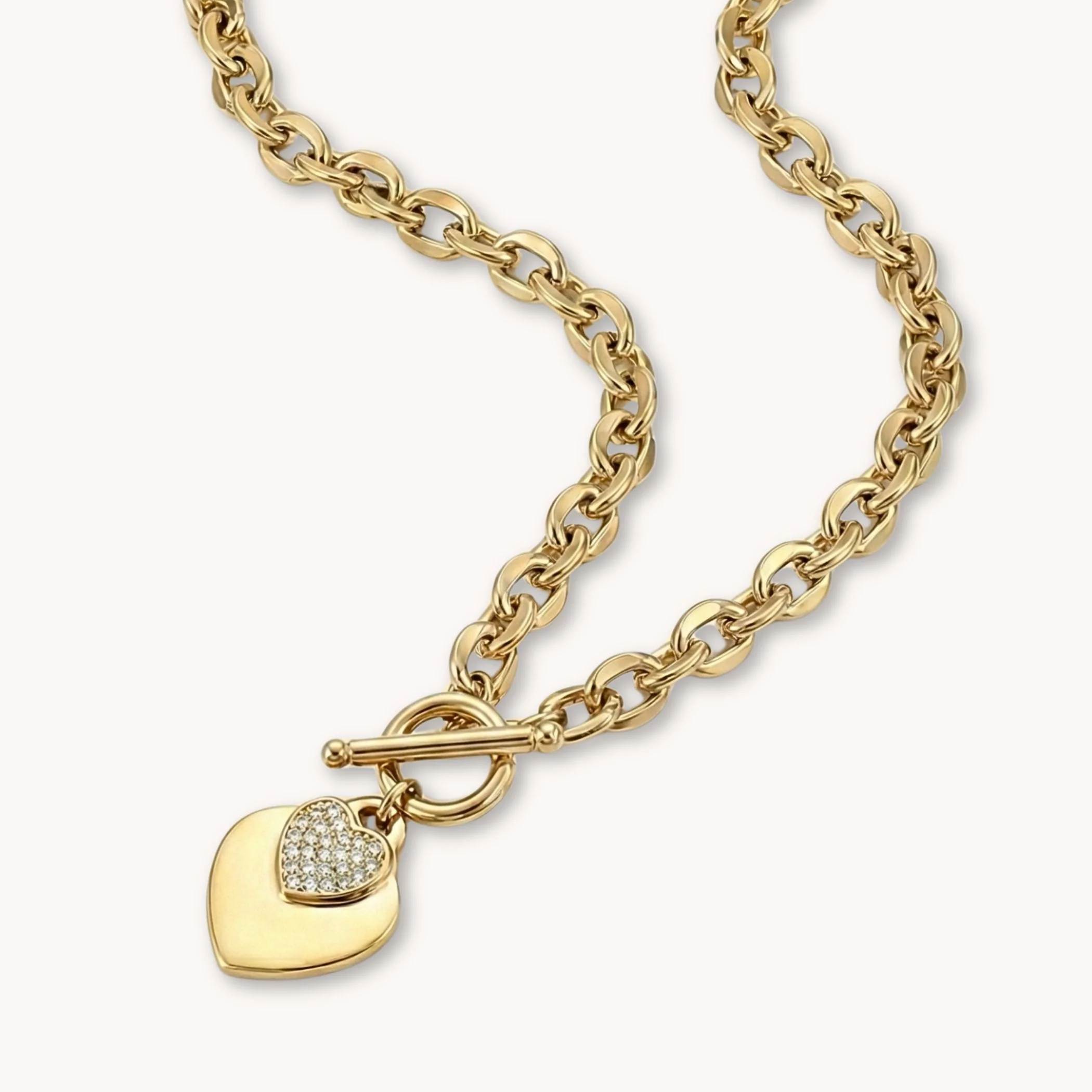 Double Crystal Heart Chunky T-bar Necklace in Gold