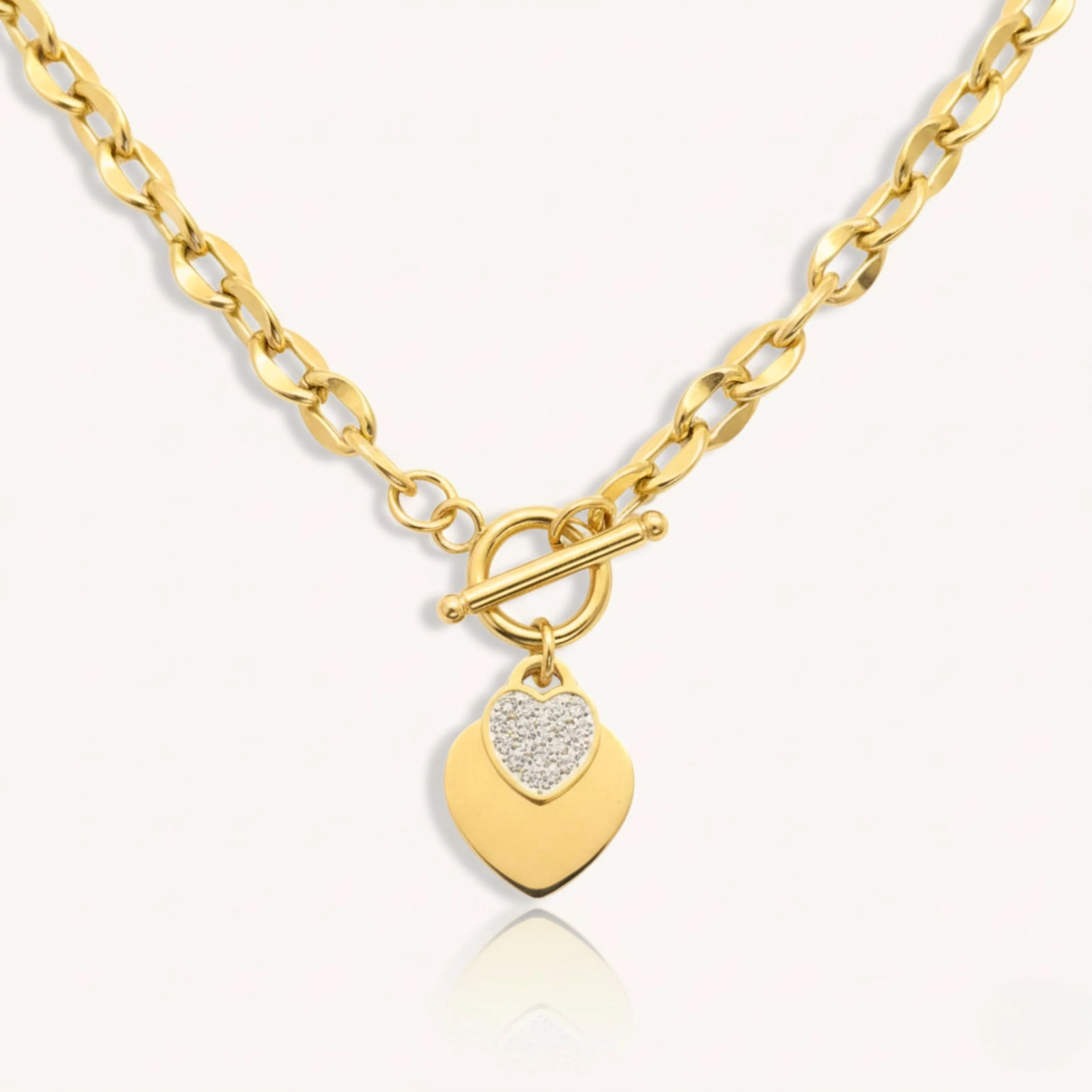 Double Crystal Heart Chunky T-bar Necklace in Gold - Image 3