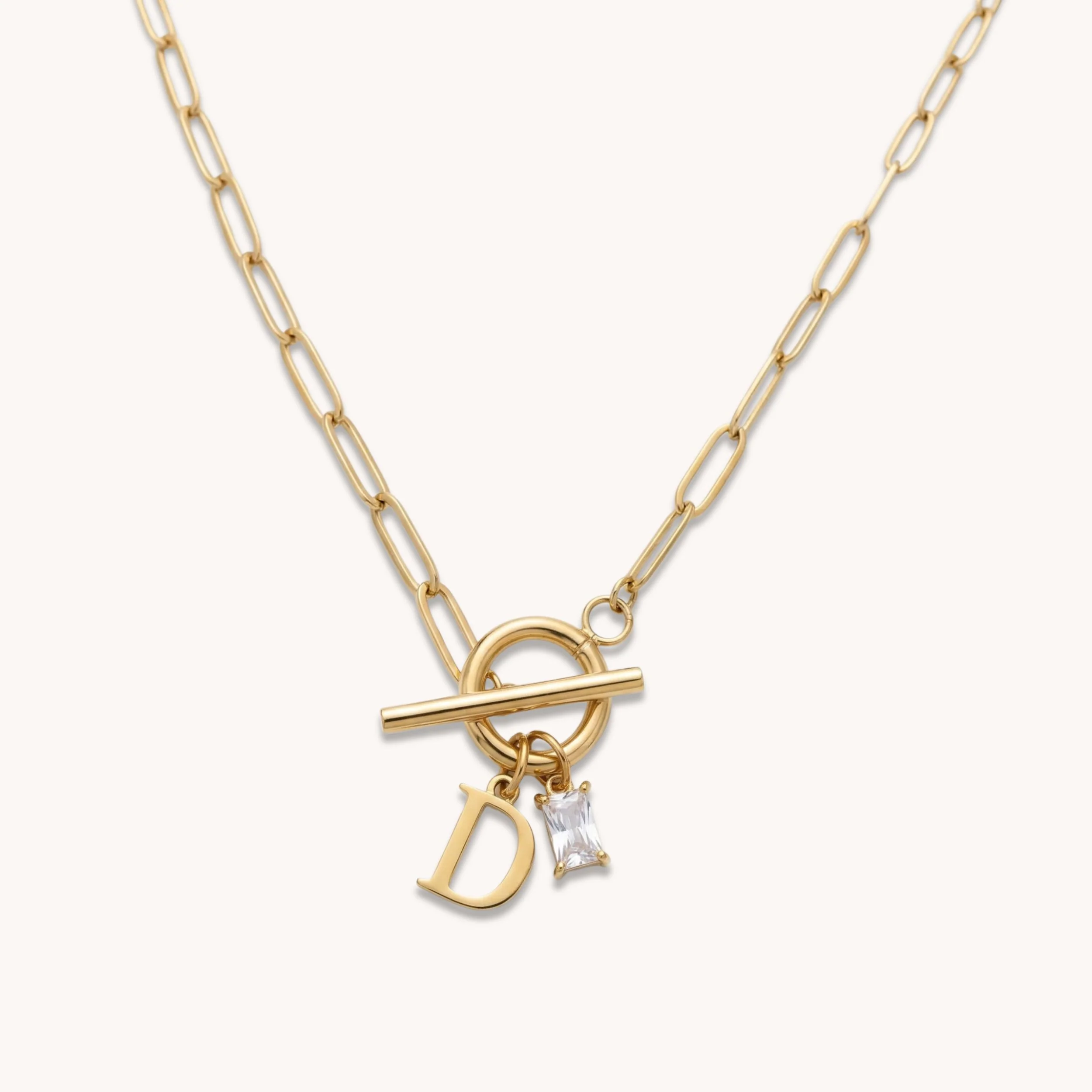 Gracie Initial & Birthstone T-Bar Necklace in Gold - Image 2