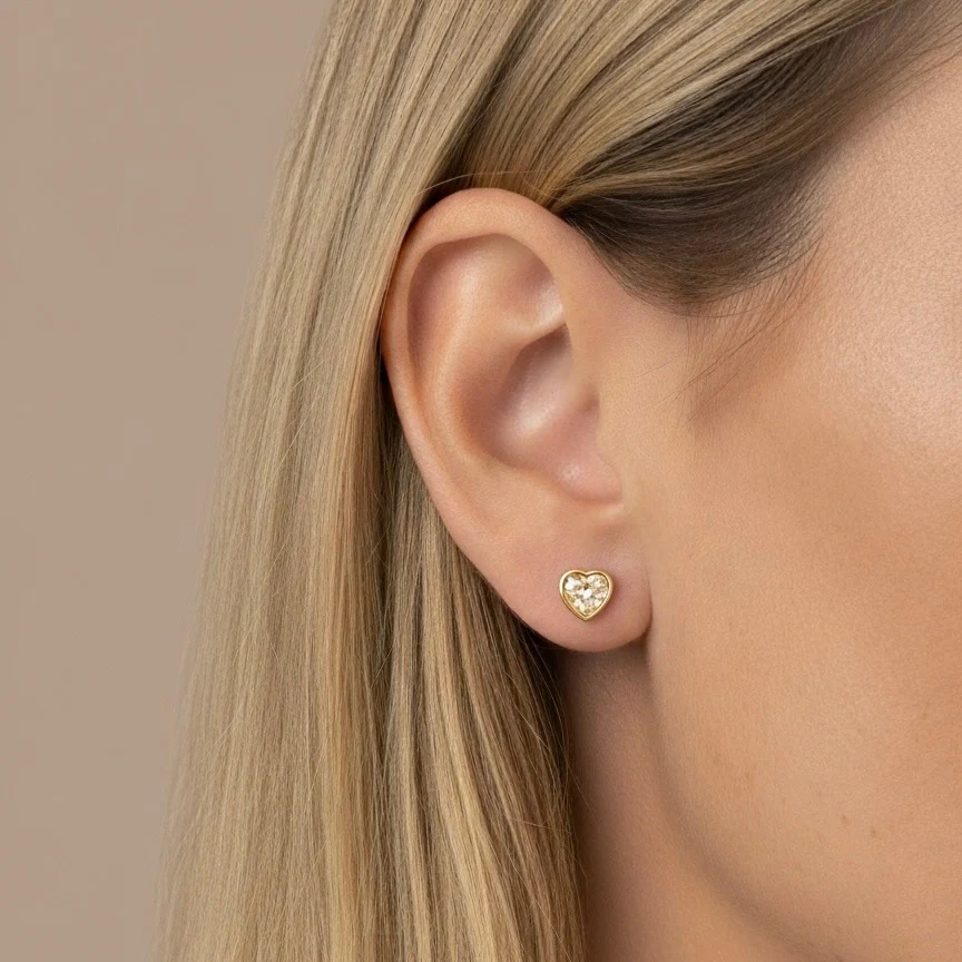 Heart Crystal Stud Earrings, Gold - Image 2