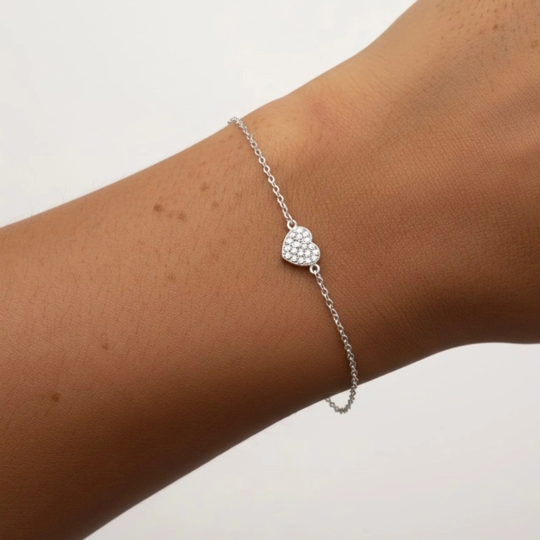 Sterling Silver Dainty Heart Pavé Bracelet