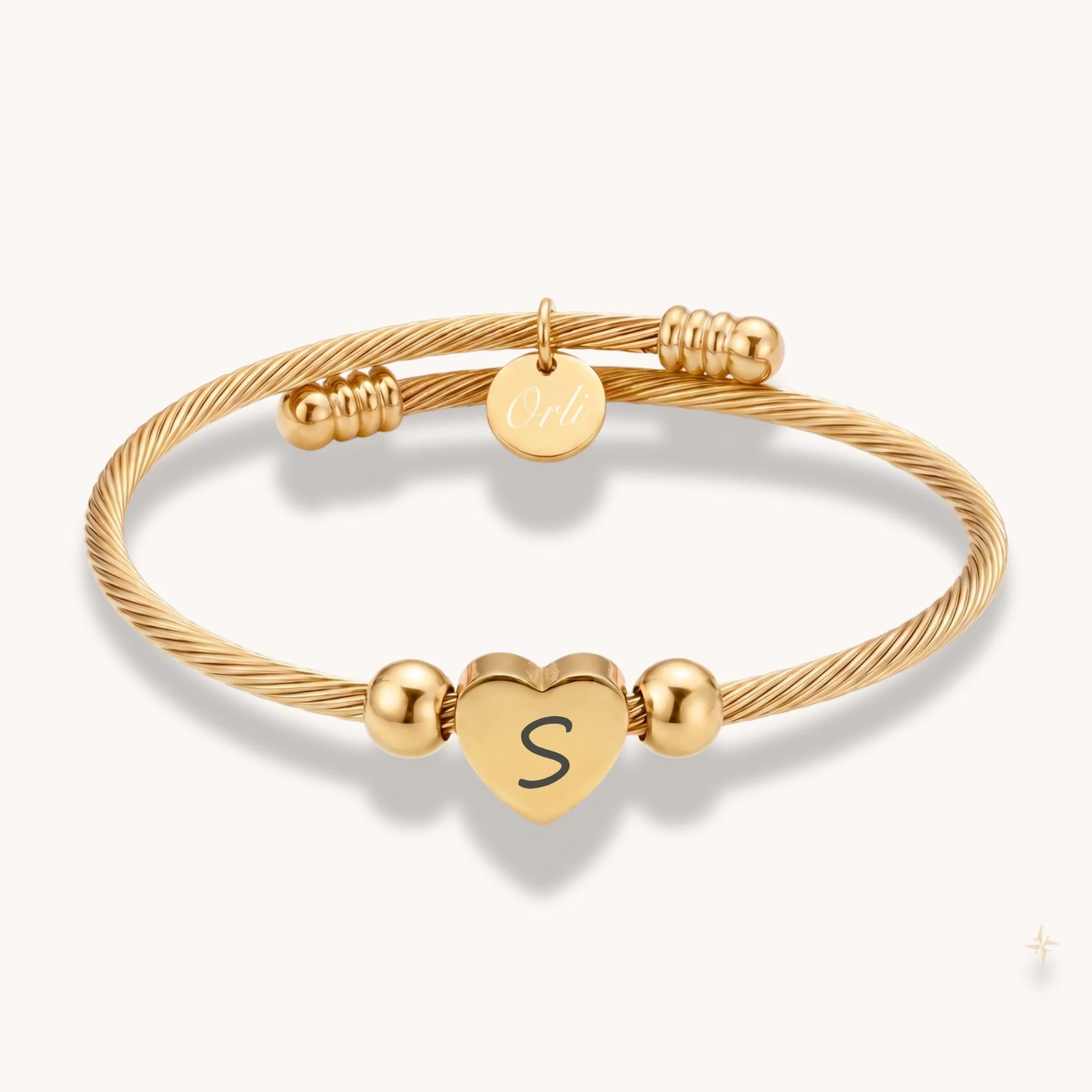 Initial Heart Twist Bangle in Gold