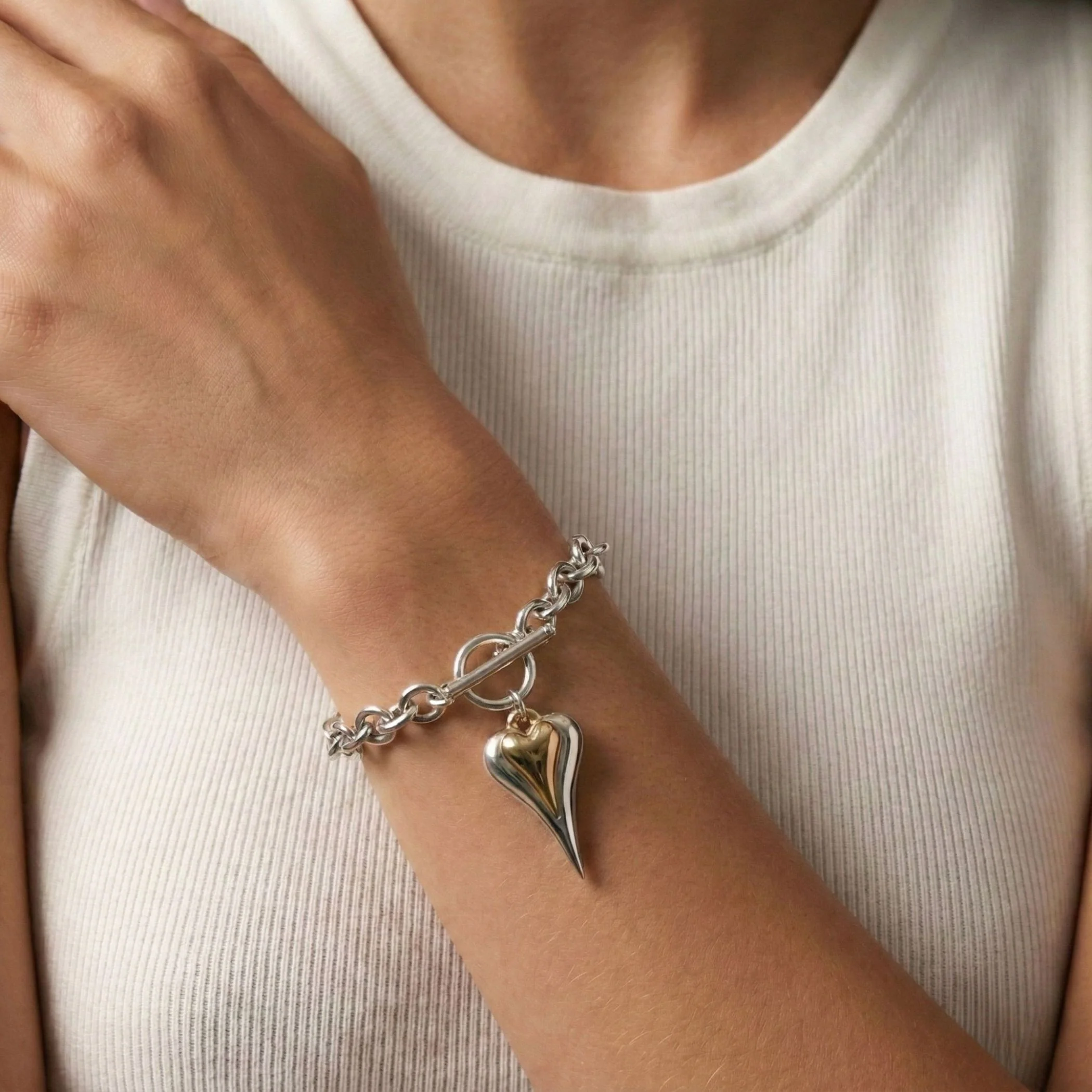 Hourglass Heart Chunky T-Bar Bracelet in Silver & Gold