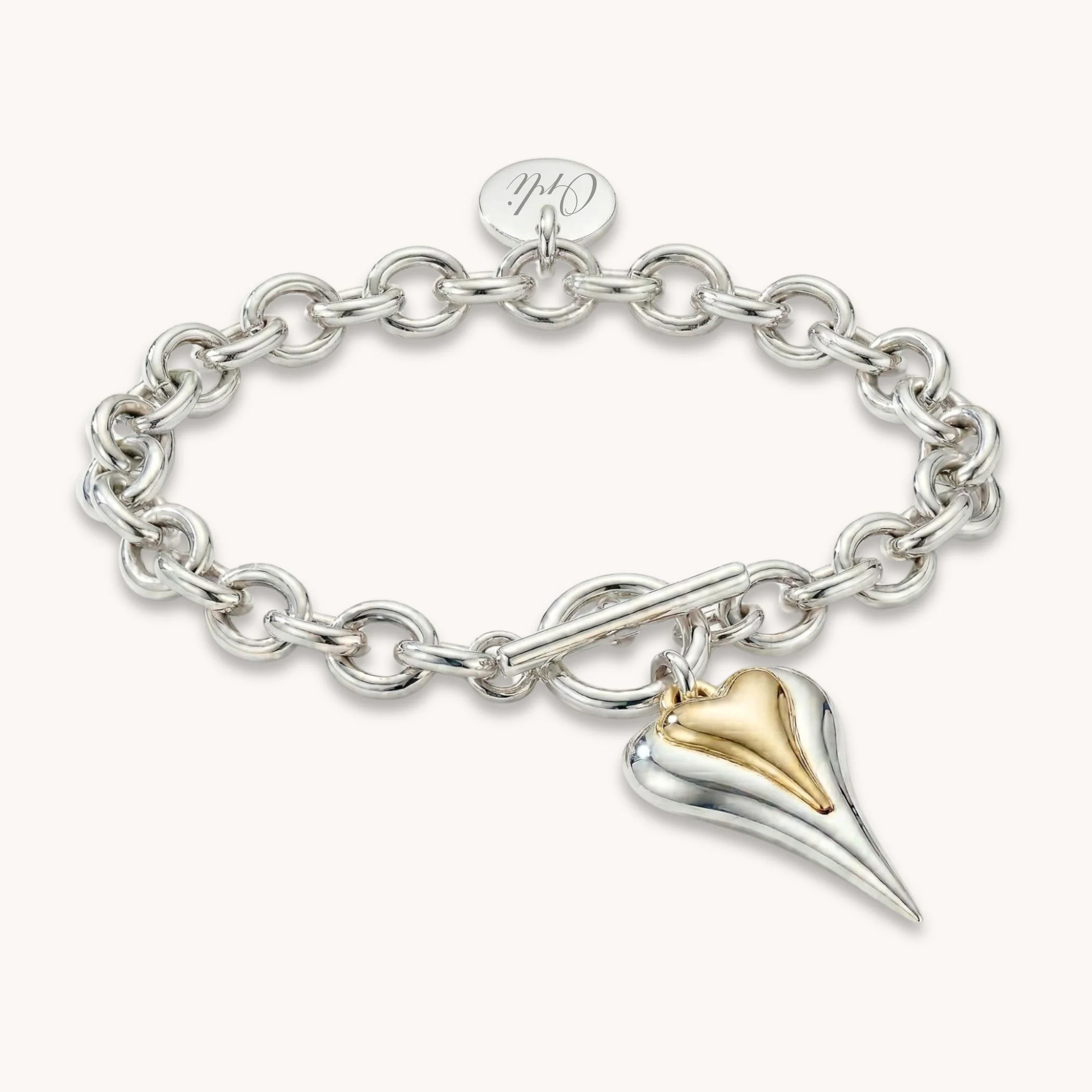Hourglass Heart Chunky T-Bar Bracelet in Silver & Gold - Image 2