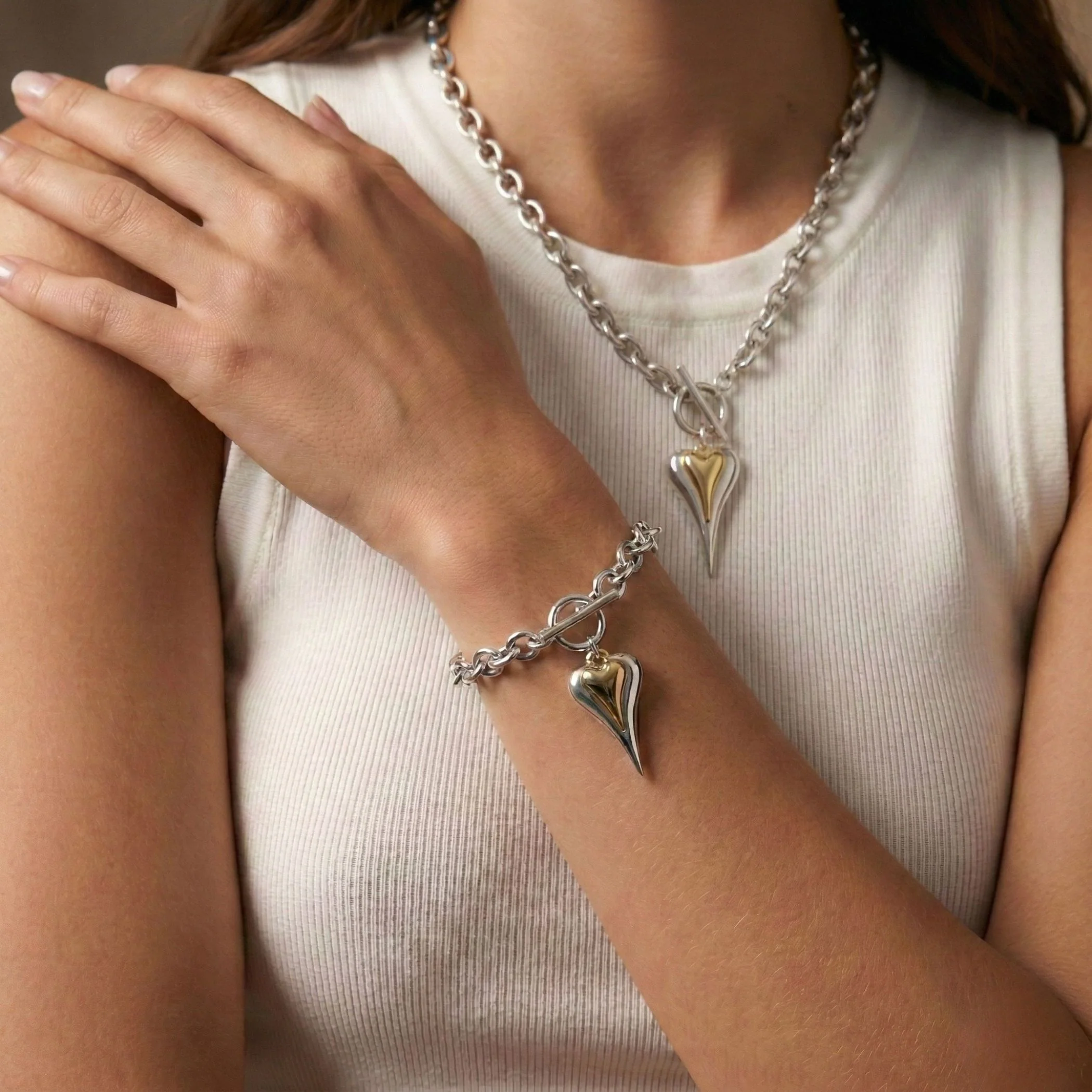 Hourglass Heart Chunky T-Bar Bracelet in Silver & Gold - Image 3