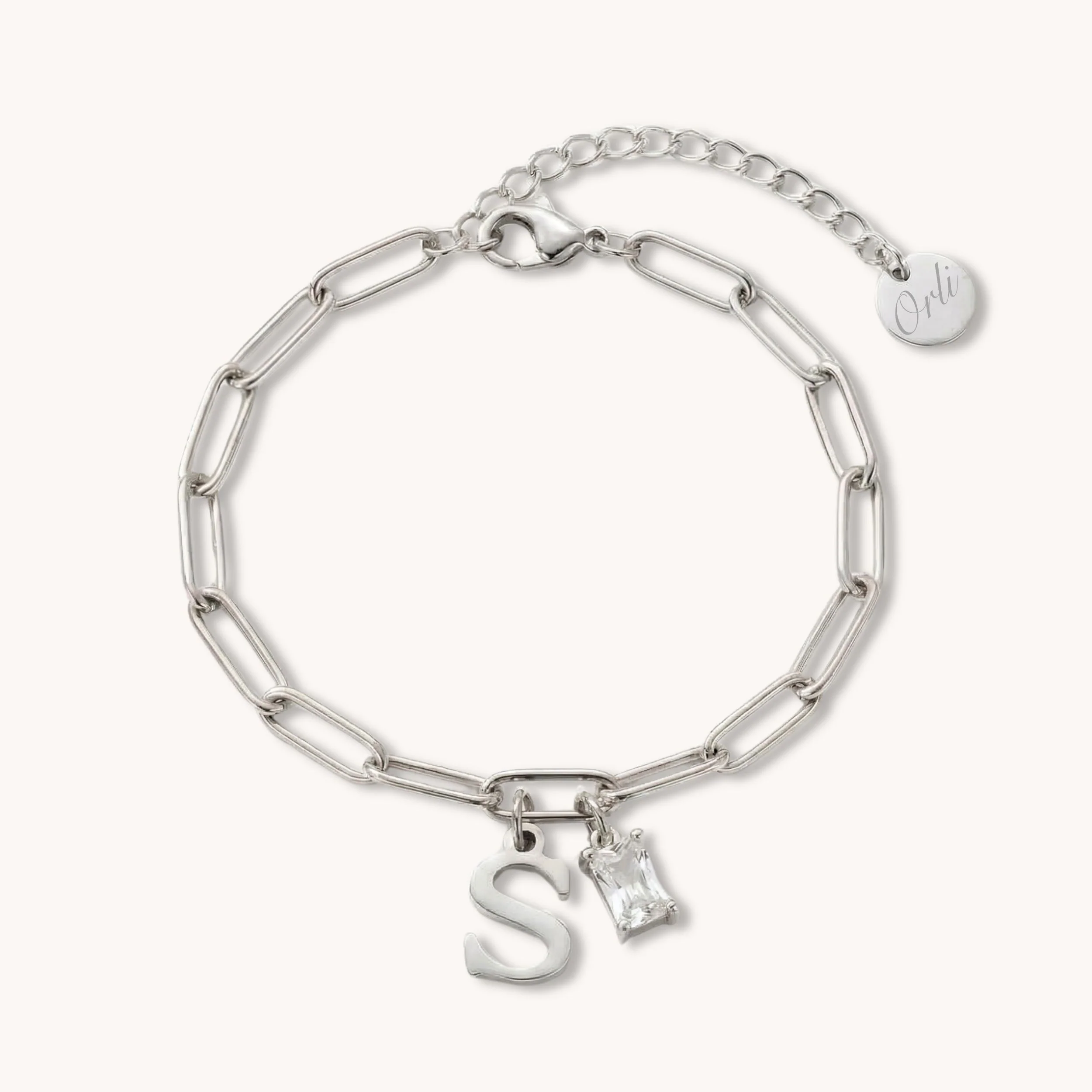 Initial & Birthstone Paperclip Chain Bracelet in Silver - Image 2