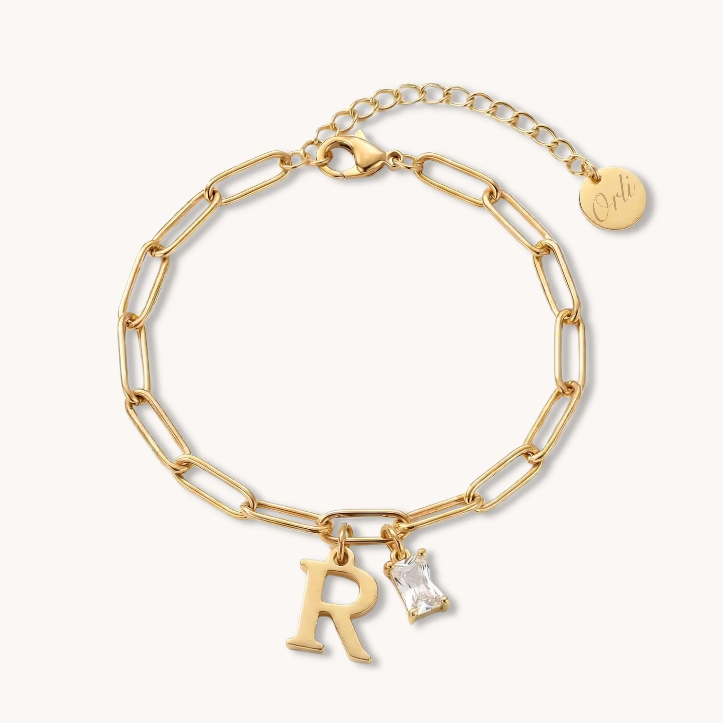 Initial & Birthstone Paperclip Chain Bracelet in Gold - Image 2