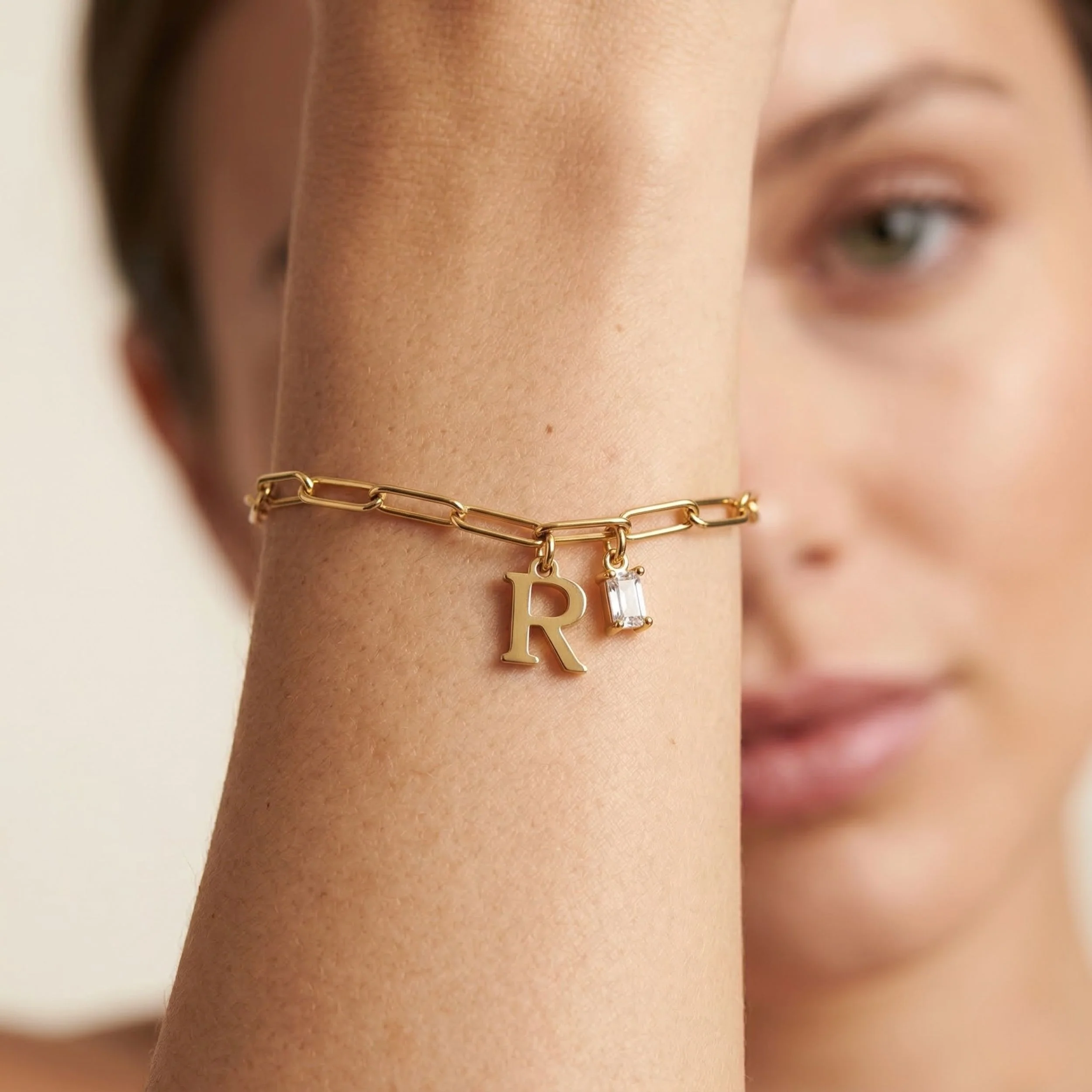 Initial & Birthstone Paperclip Chain Bracelet in Gold - Image 4