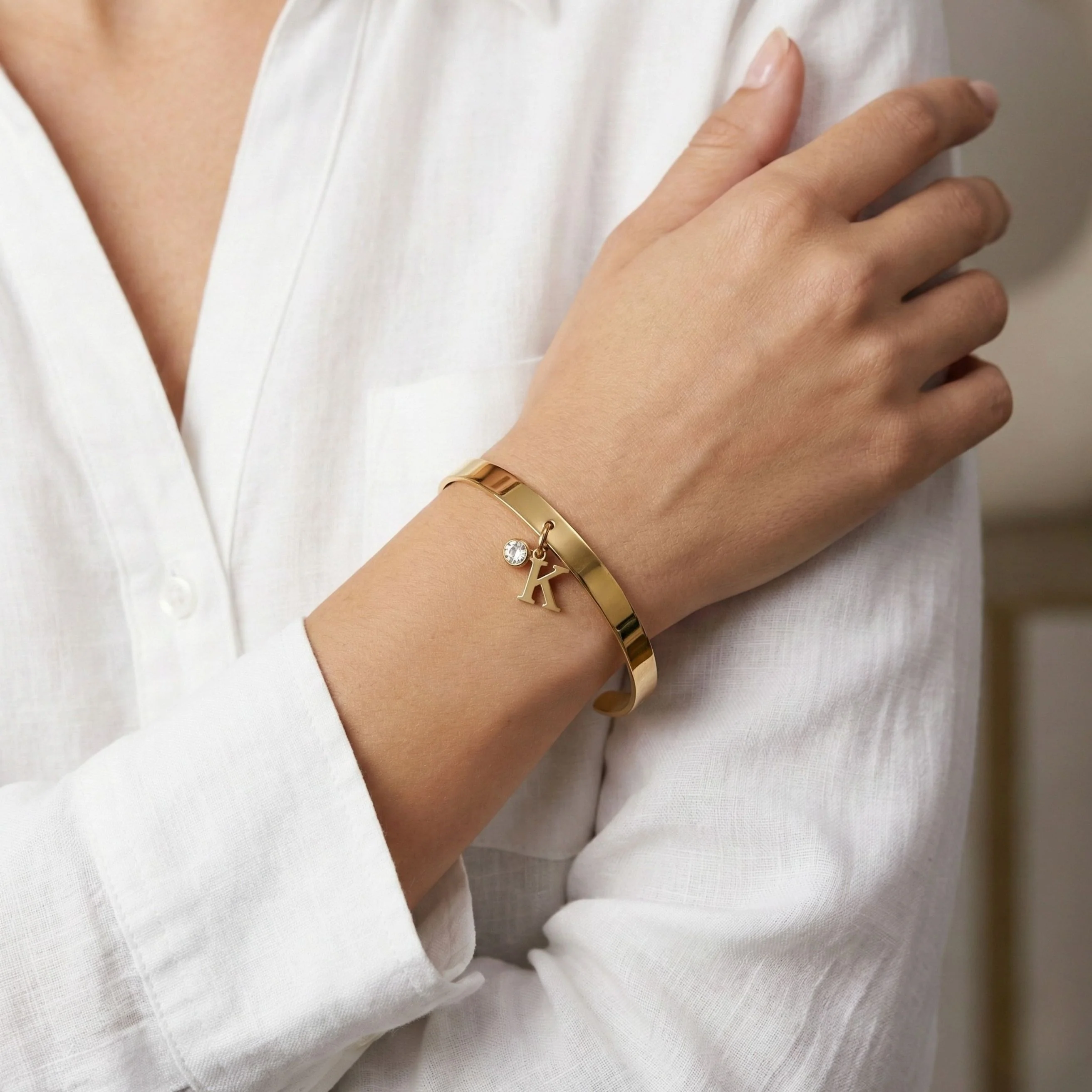 Initial & Birthstone Adjustable Cuff in Gold - Image 2