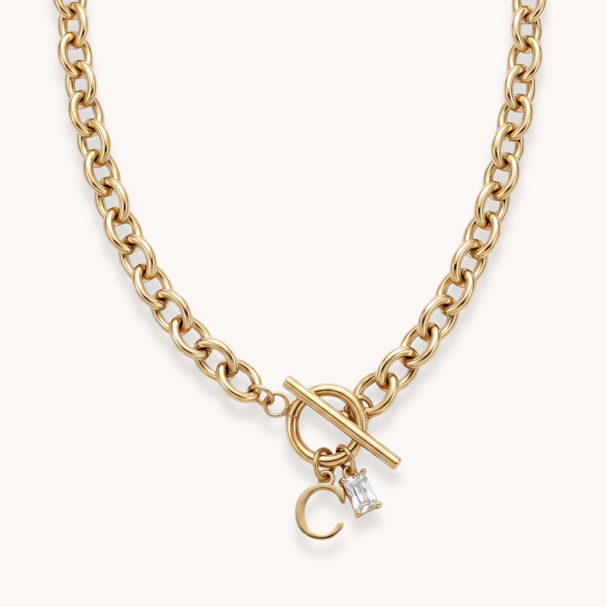 Initial & Birthstone Chunky T-bar Necklace in Gold - Image 2