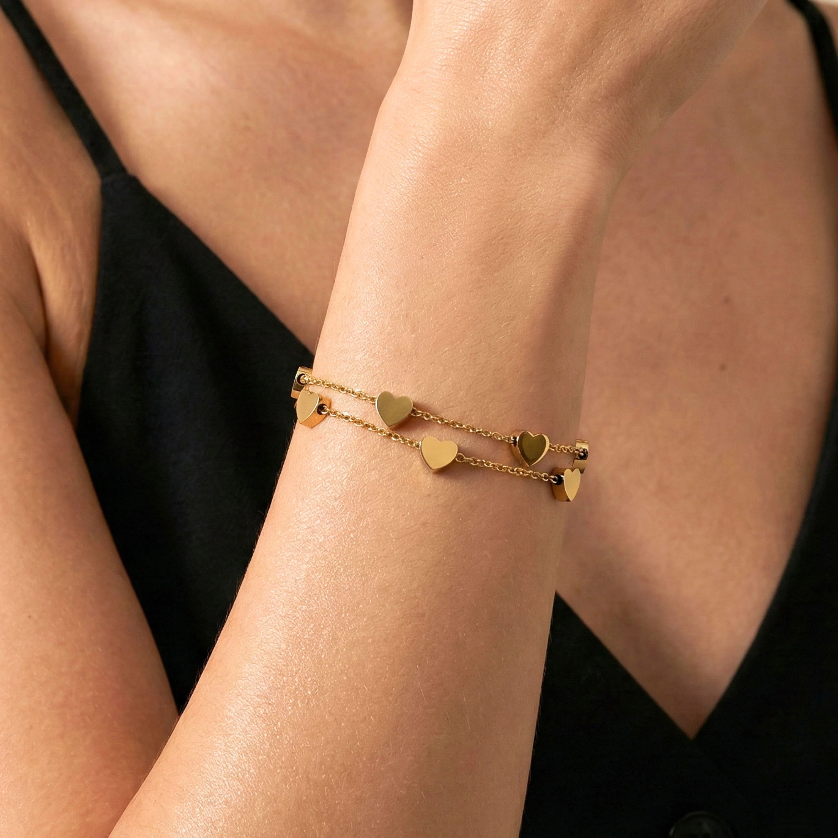 Layered Heart Charm Bracelet in Gold