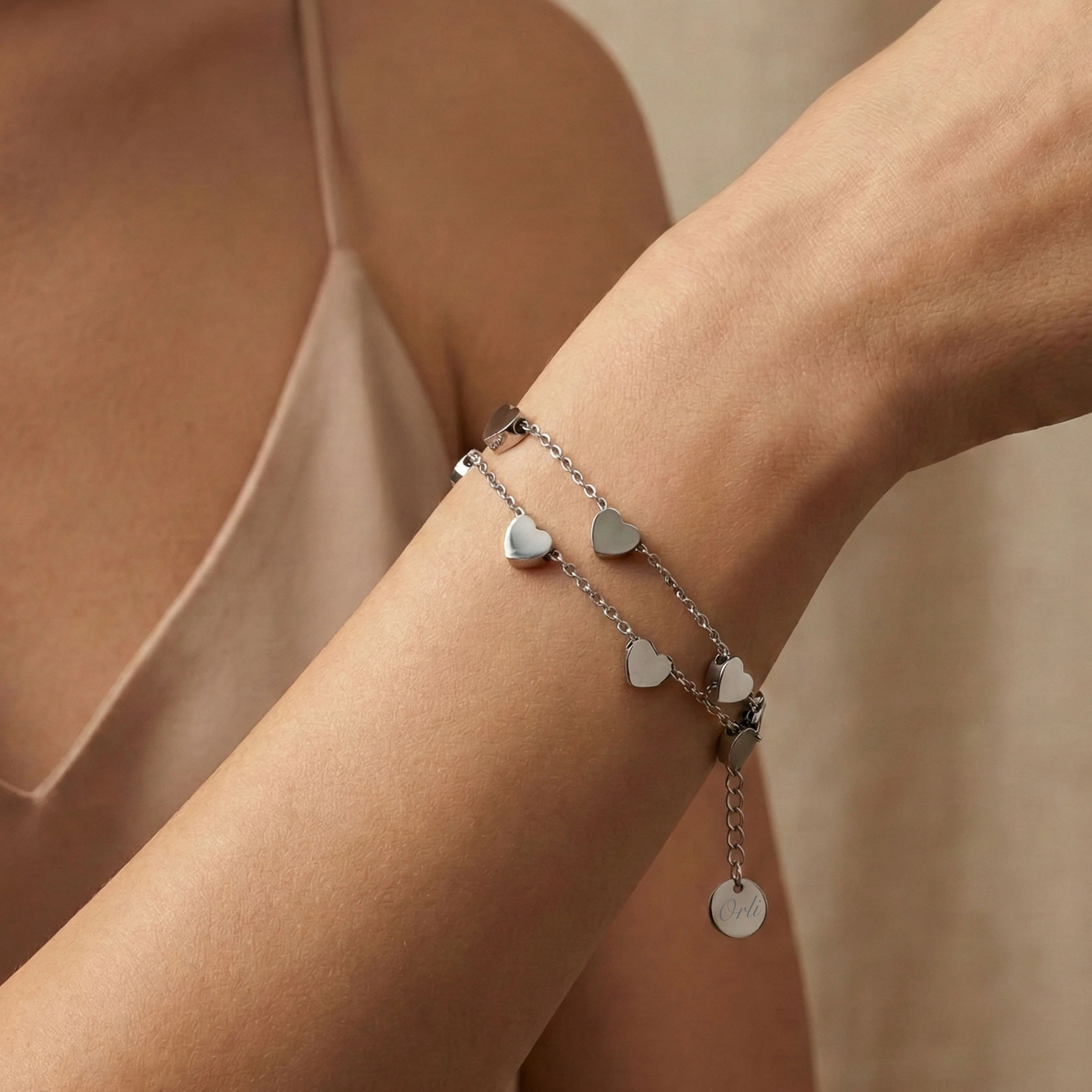 Layered Heart Charm Bracelet in Silver