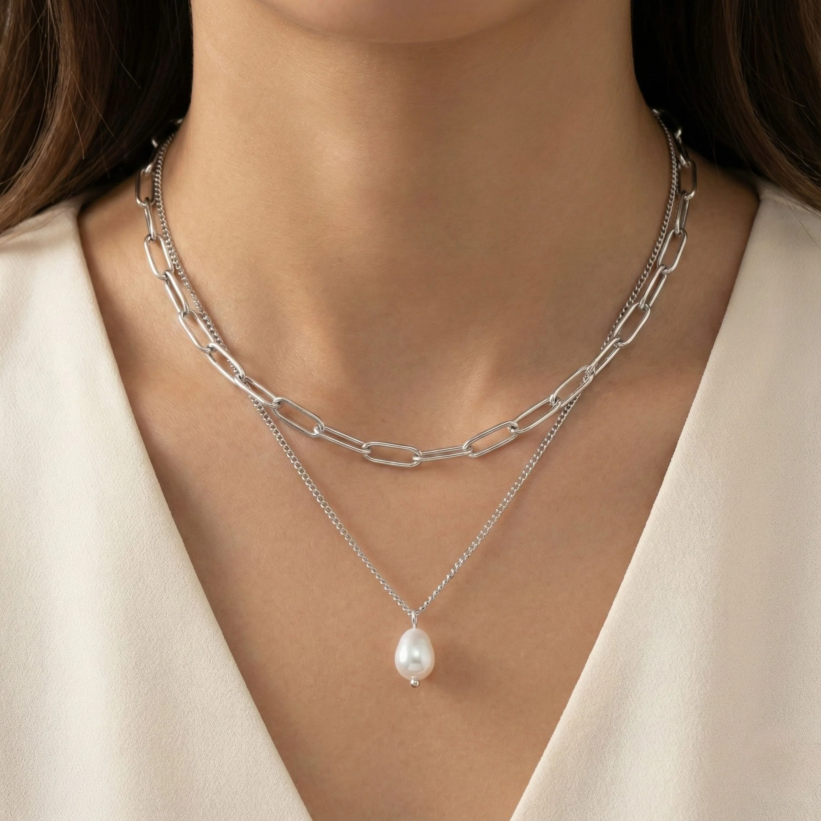 Layered Pearl Necklace in Silver