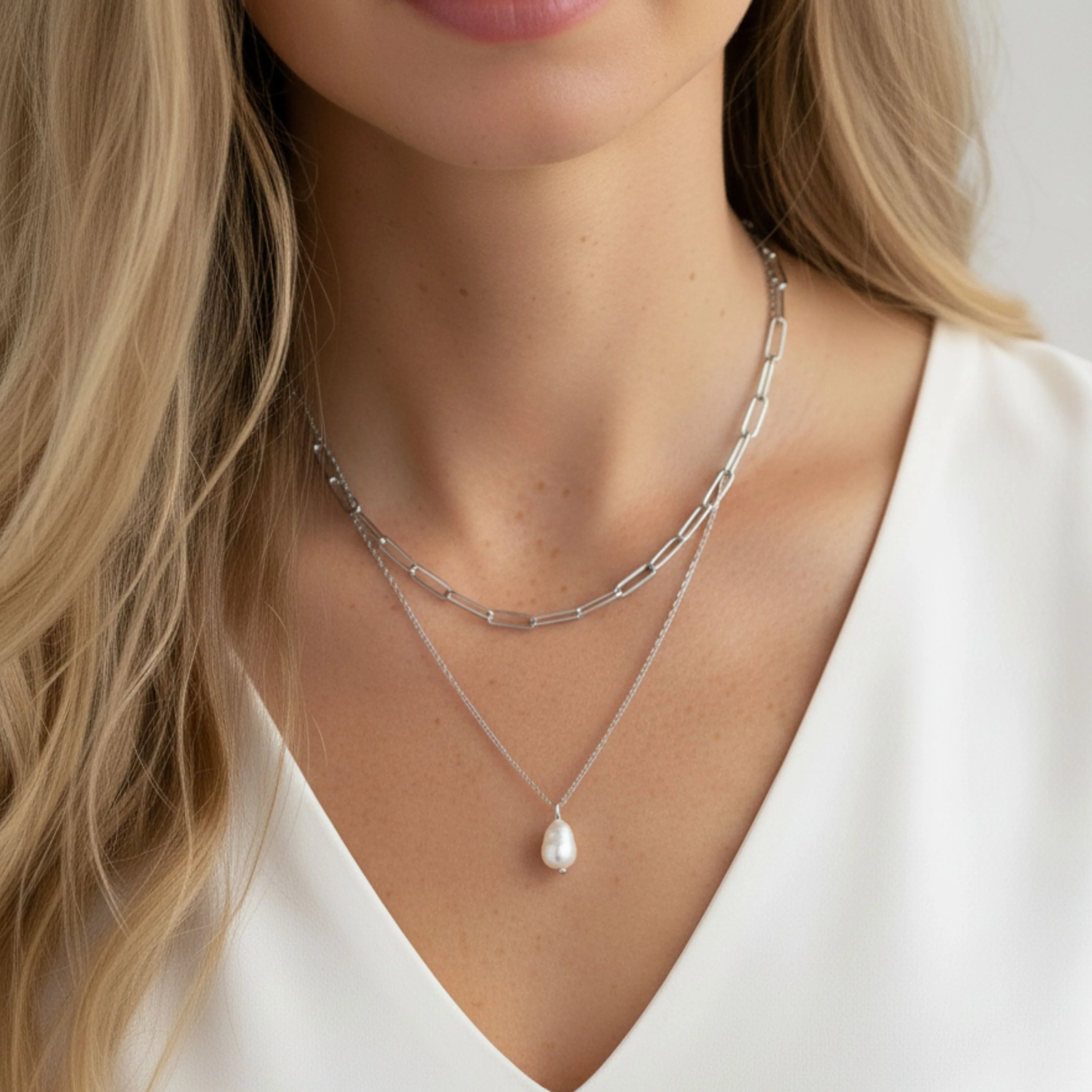 Layered Pearl Necklace in Silver - Image 3
