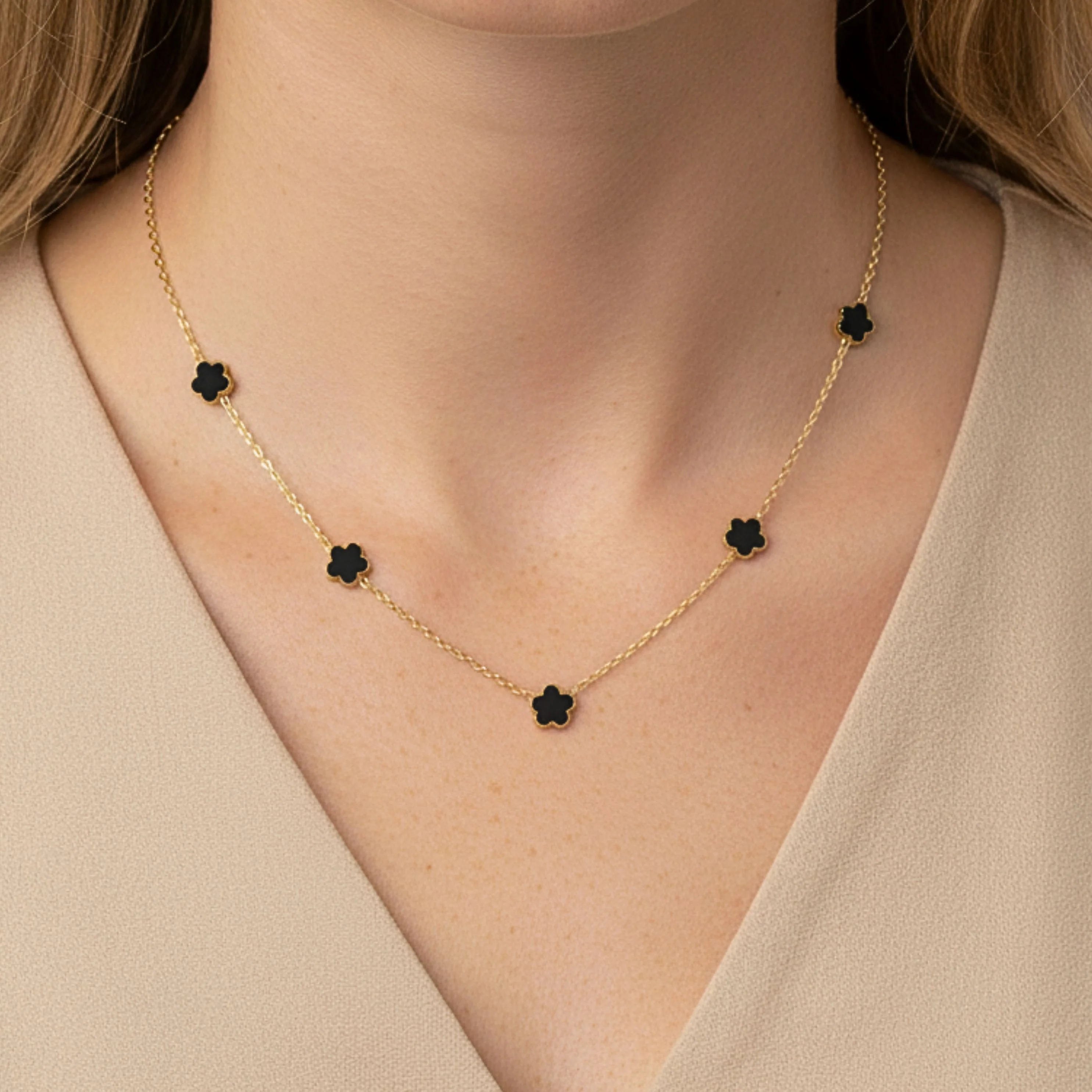 Mini Black Multi Clover Necklace in Gold - Image 4