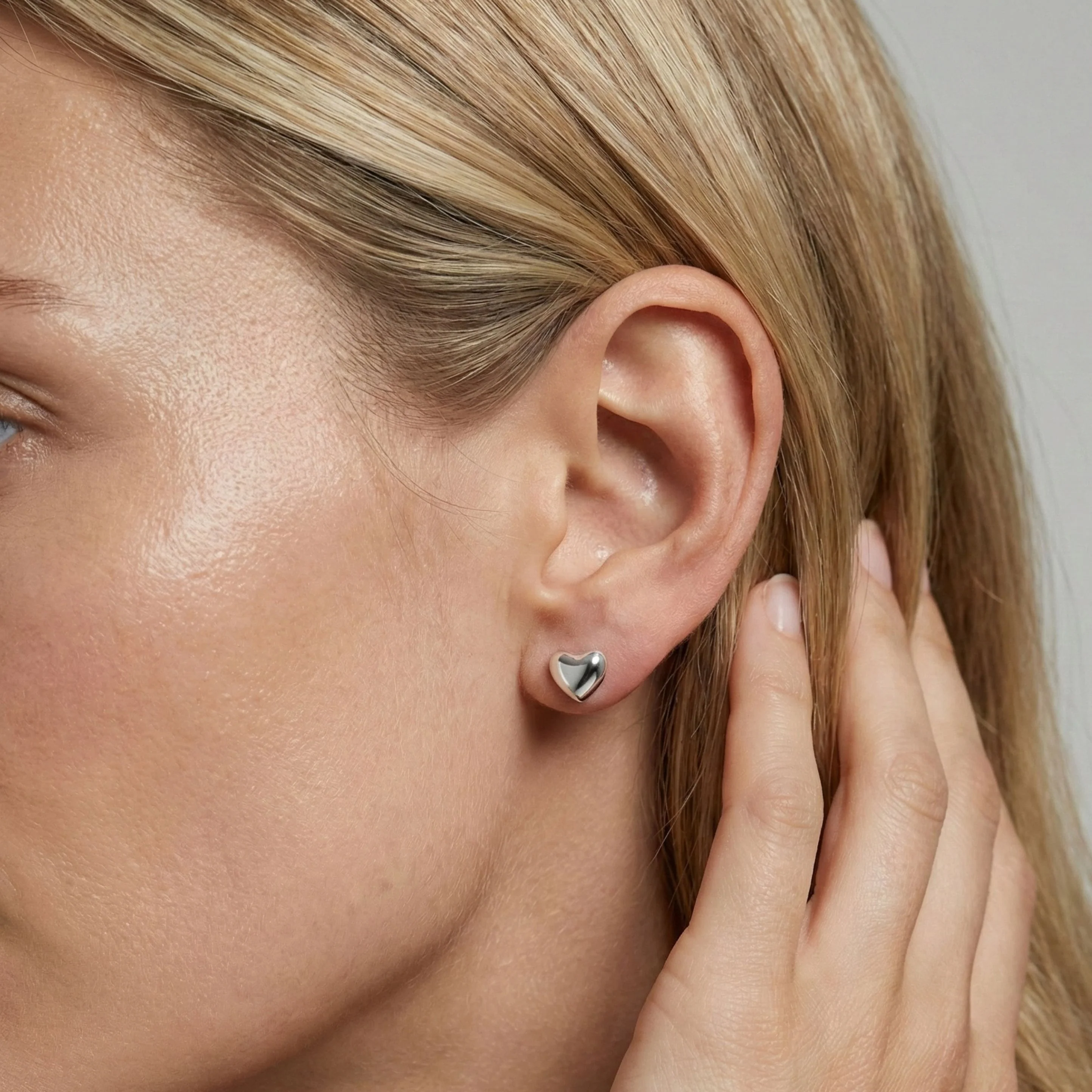 Mini Heart Stud Earrings, Silver - Image 2