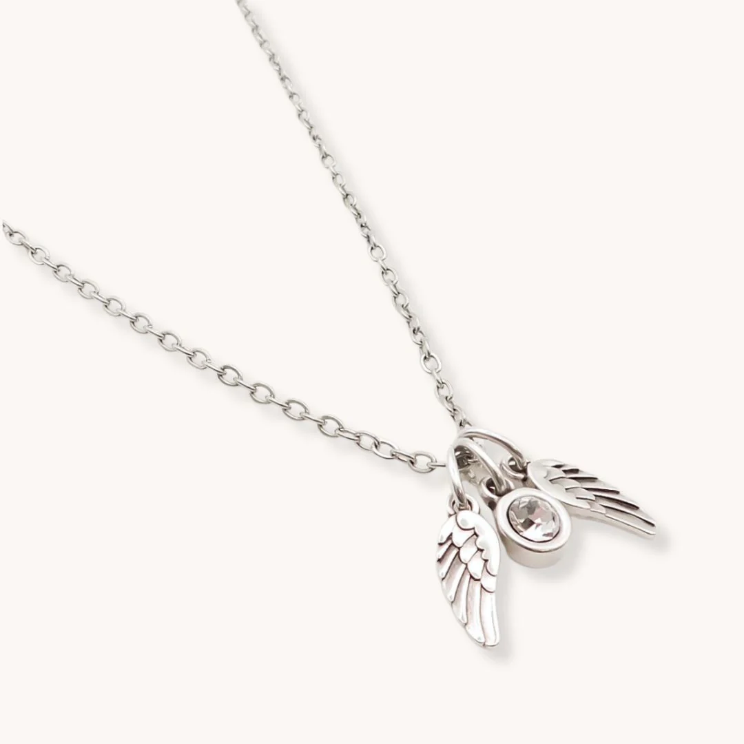 Twin Angel Wings & Birthstone Necklace, Silver - Image 3