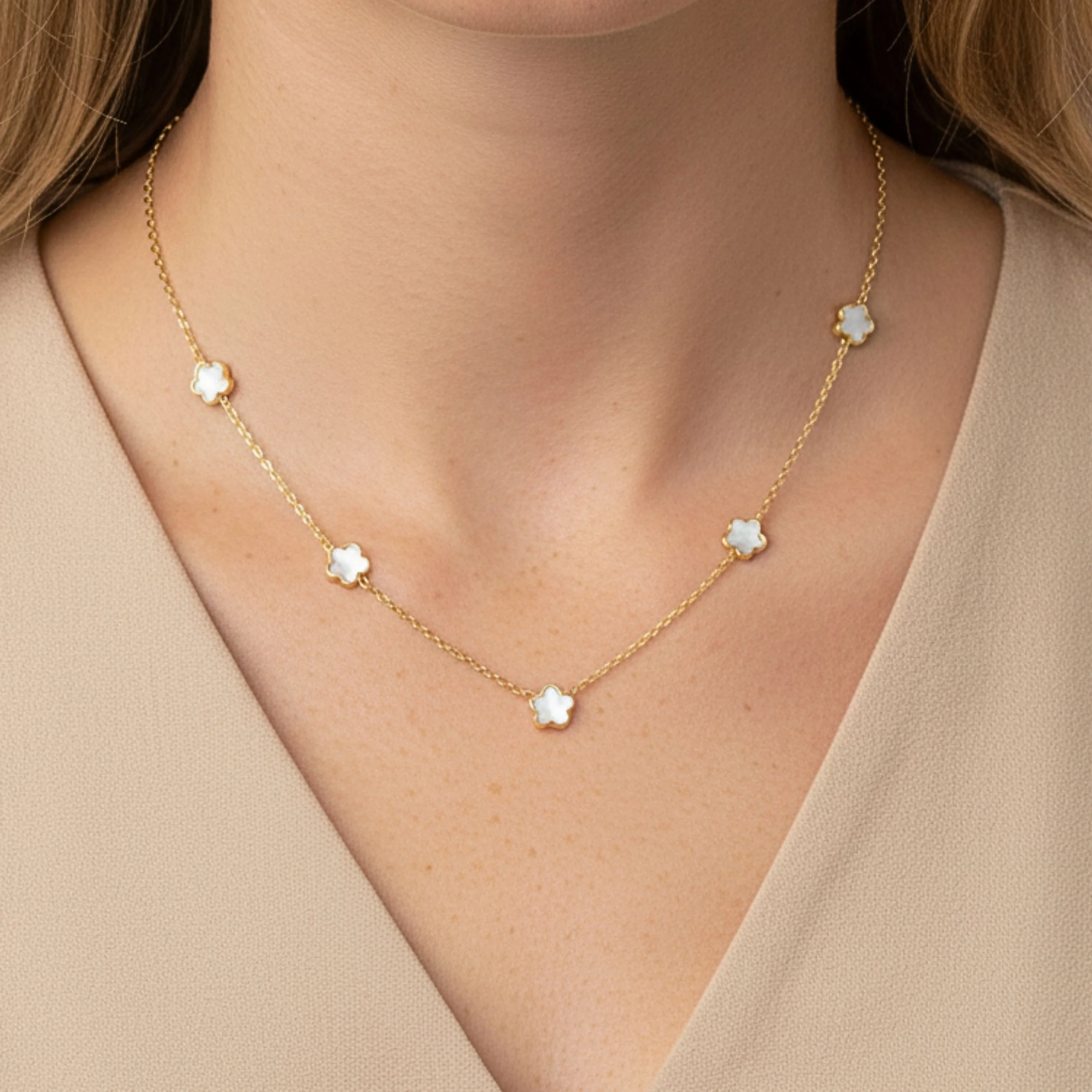 Mini White Multi Clover Necklace in Gold - Image 4