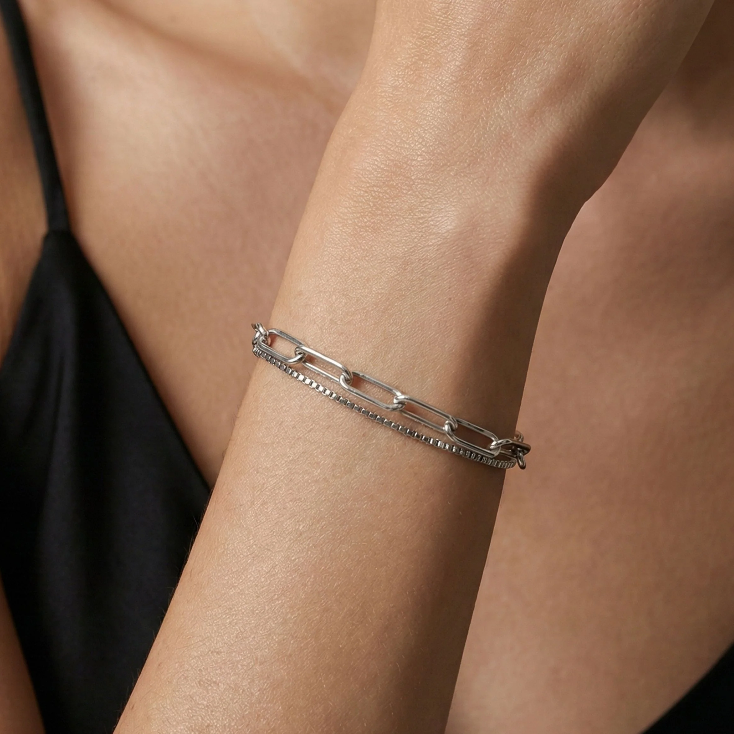 Paperclip & Fine Chain Layered Bracelet in Silver - Image 3