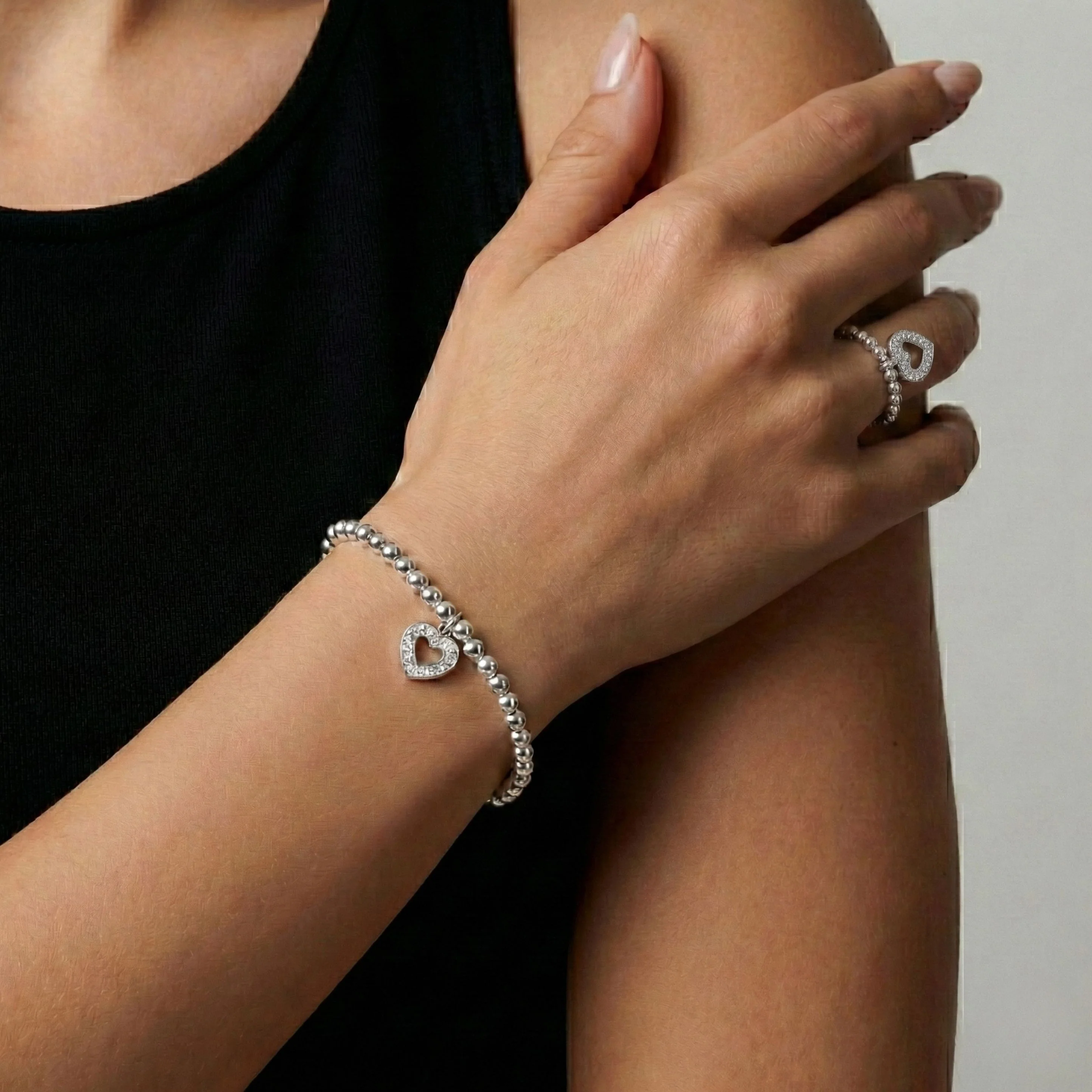 Sterling Silver Olivia Crystal Heart Beads Ring - Image 3