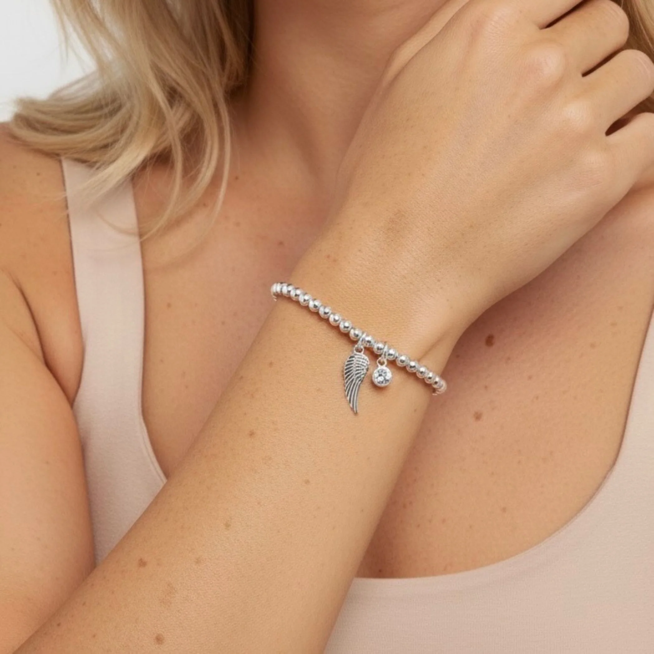 Sterling Silver Angel Wing & Birthstone Beads Bracelet - Image 3