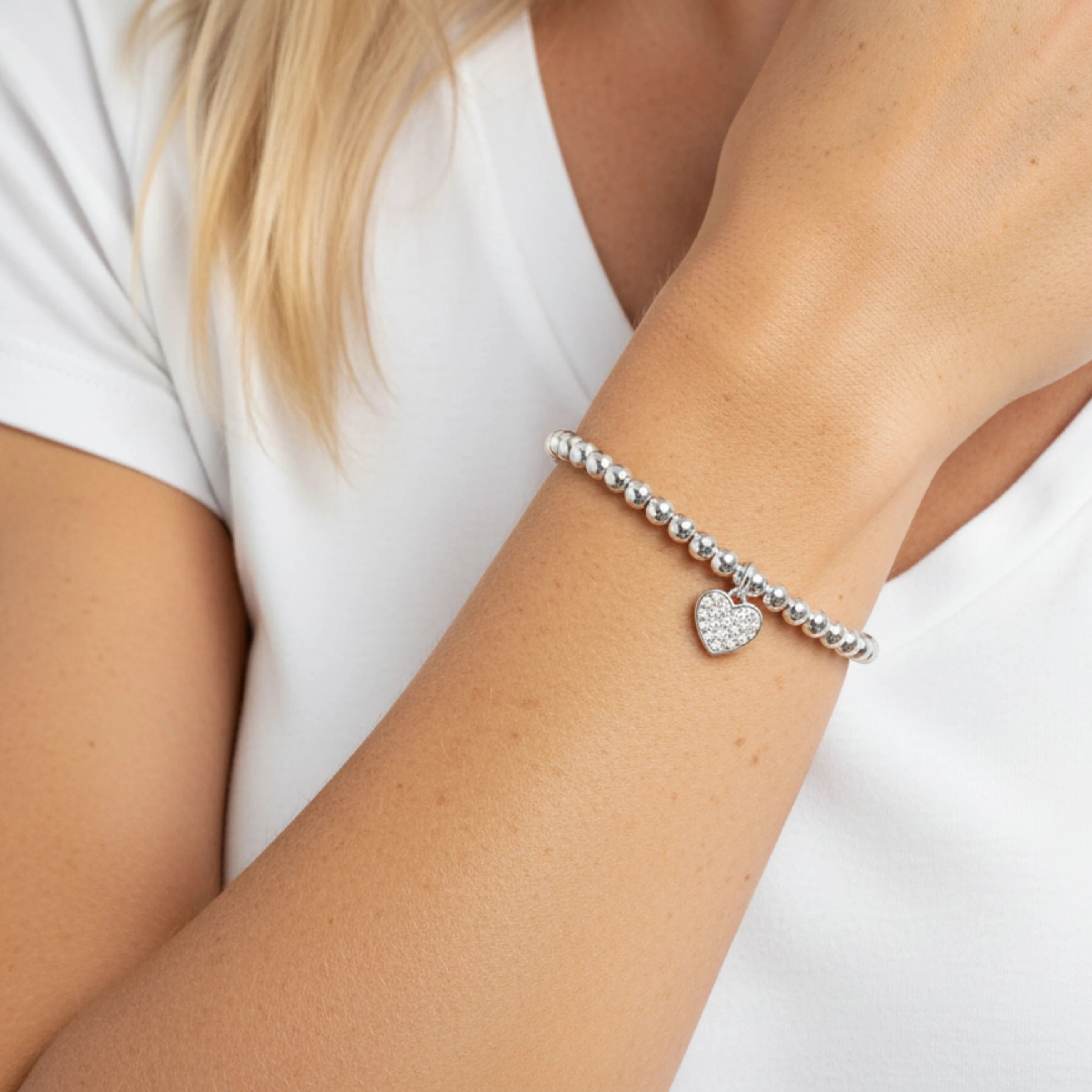 Sterling Silver Holly Crystal Heart Beads Bracelet