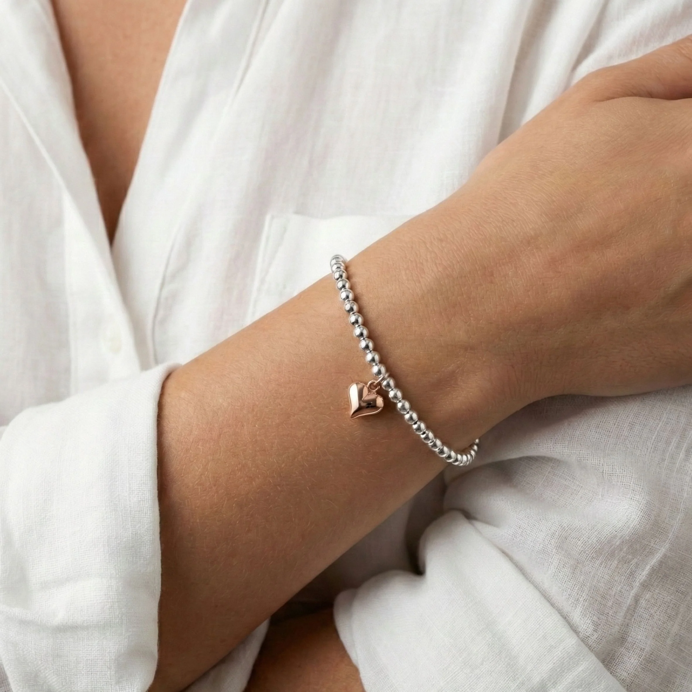 Sterling Silver Mia Puffed Heart Beads Bracelet in Silver and Rose Gold - Image 2