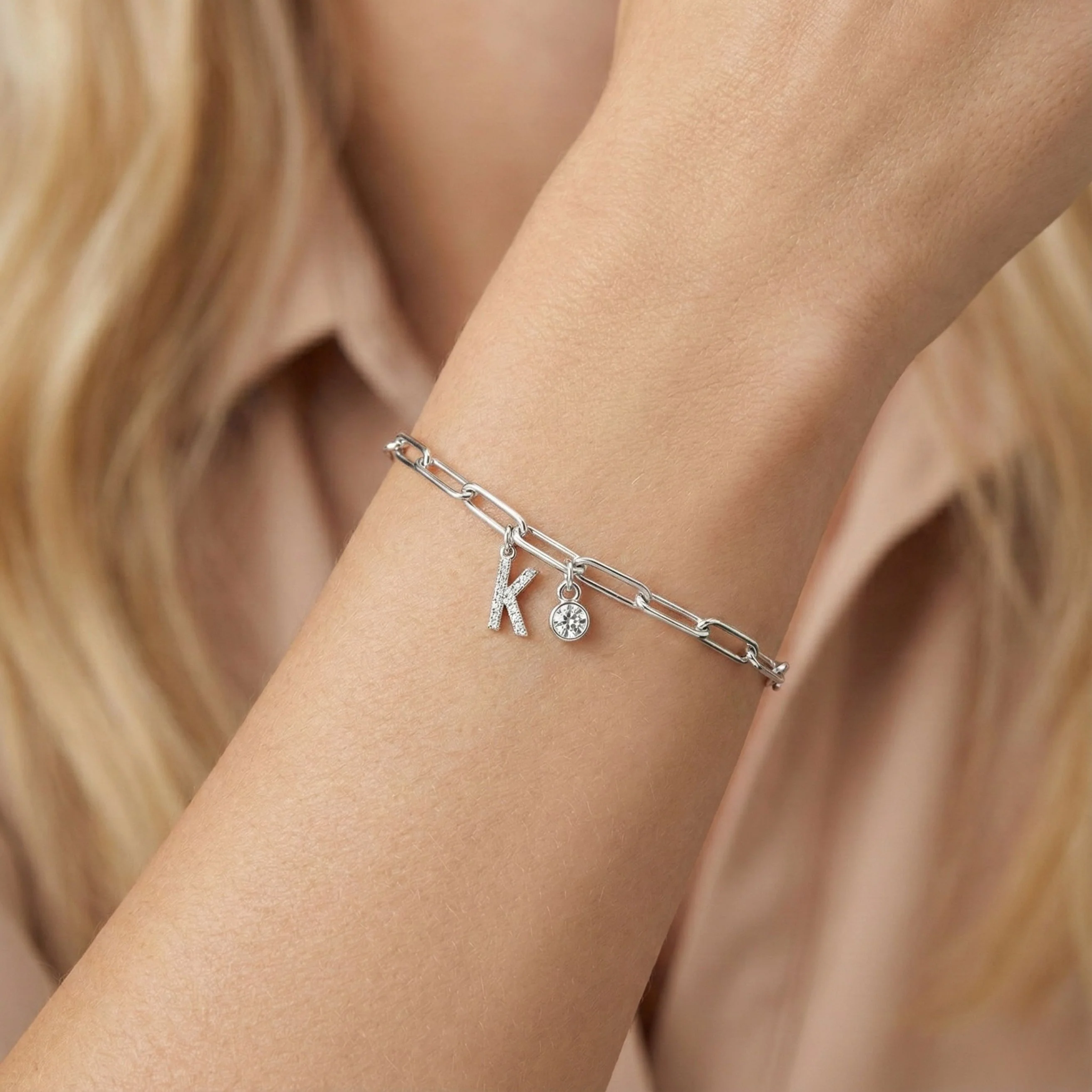 Sterling Silver Crystal Initial & Birthstone Paperclip Chain Bracelet