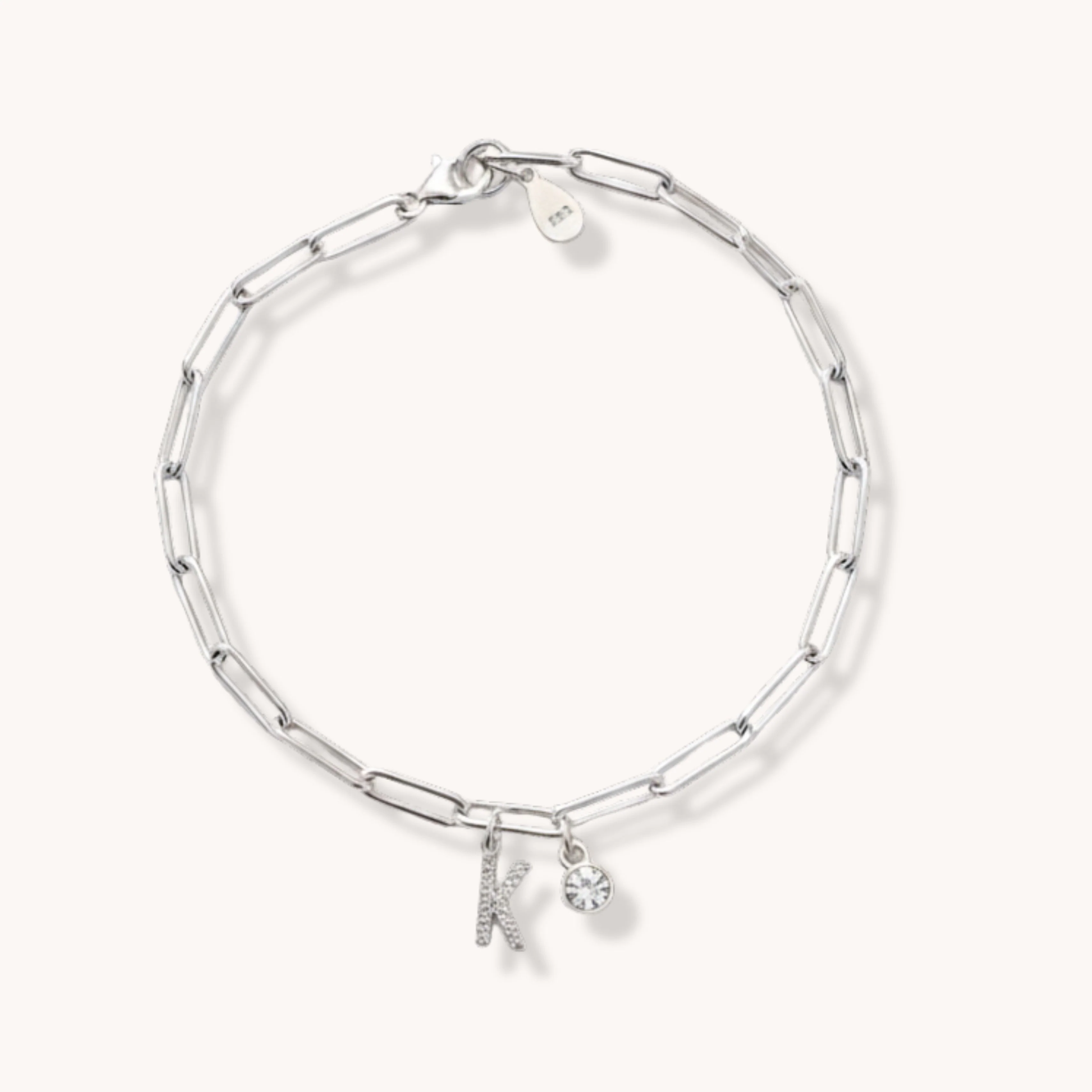 Sterling Silver Crystal Initial & Birthstone Paperclip Chain Bracelet - Image 2