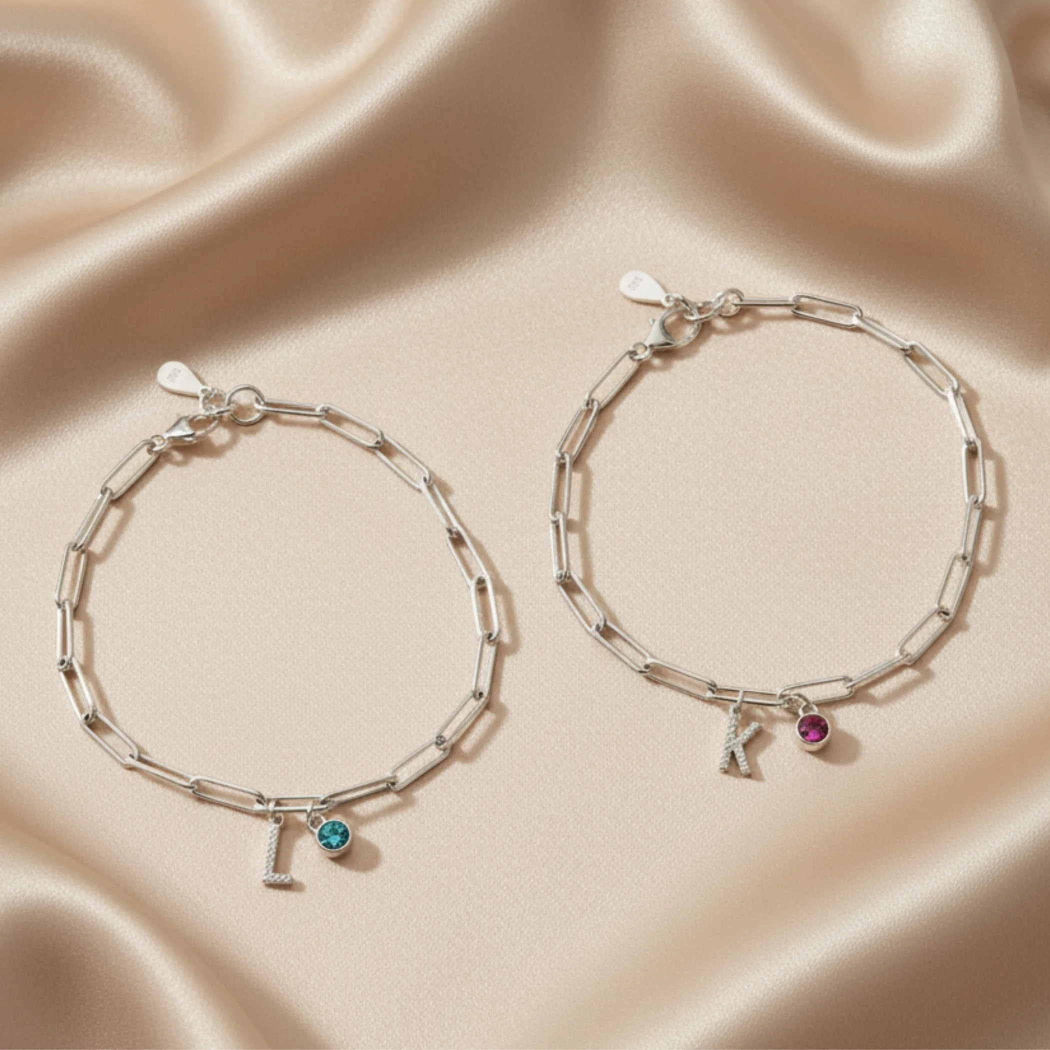 Sterling Silver Crystal Initial & Birthstone Paperclip Chain Bracelet - Image 3