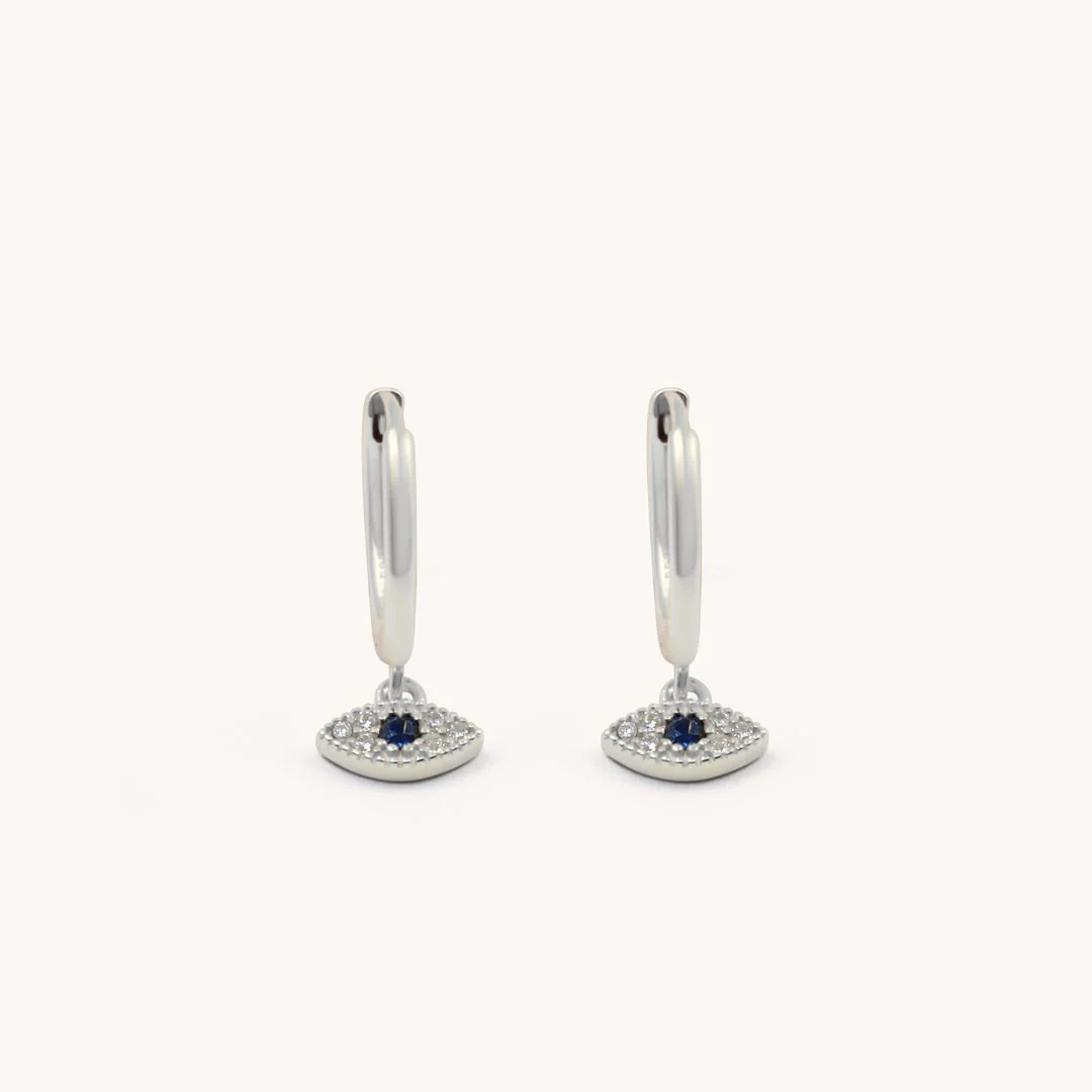 Sterling Silver Evil Eye Dainty Huggie Hoops, Silver