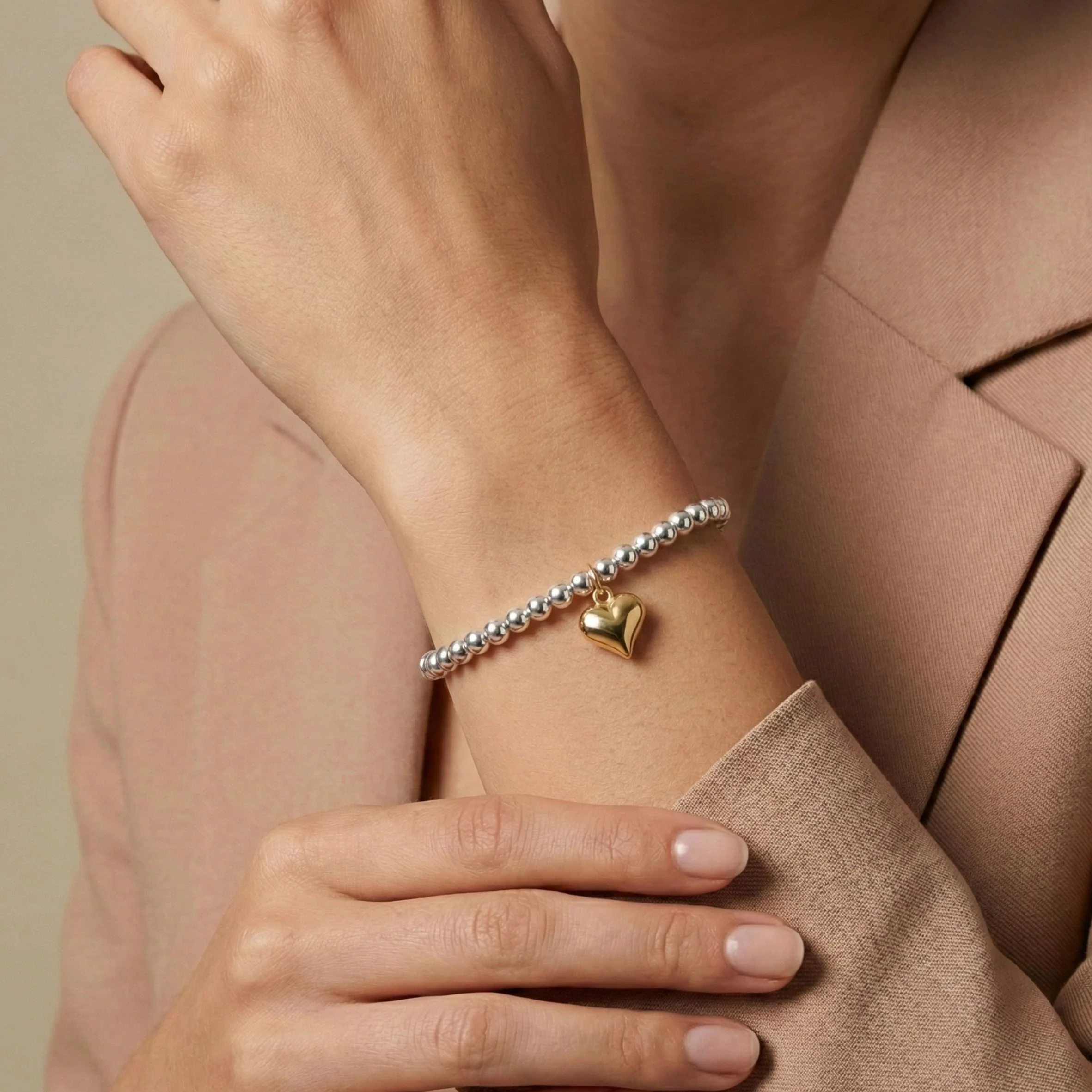 Sterling Silver Mia Puffed Heart Beads Bracelet in Silver and Gold - Image 2