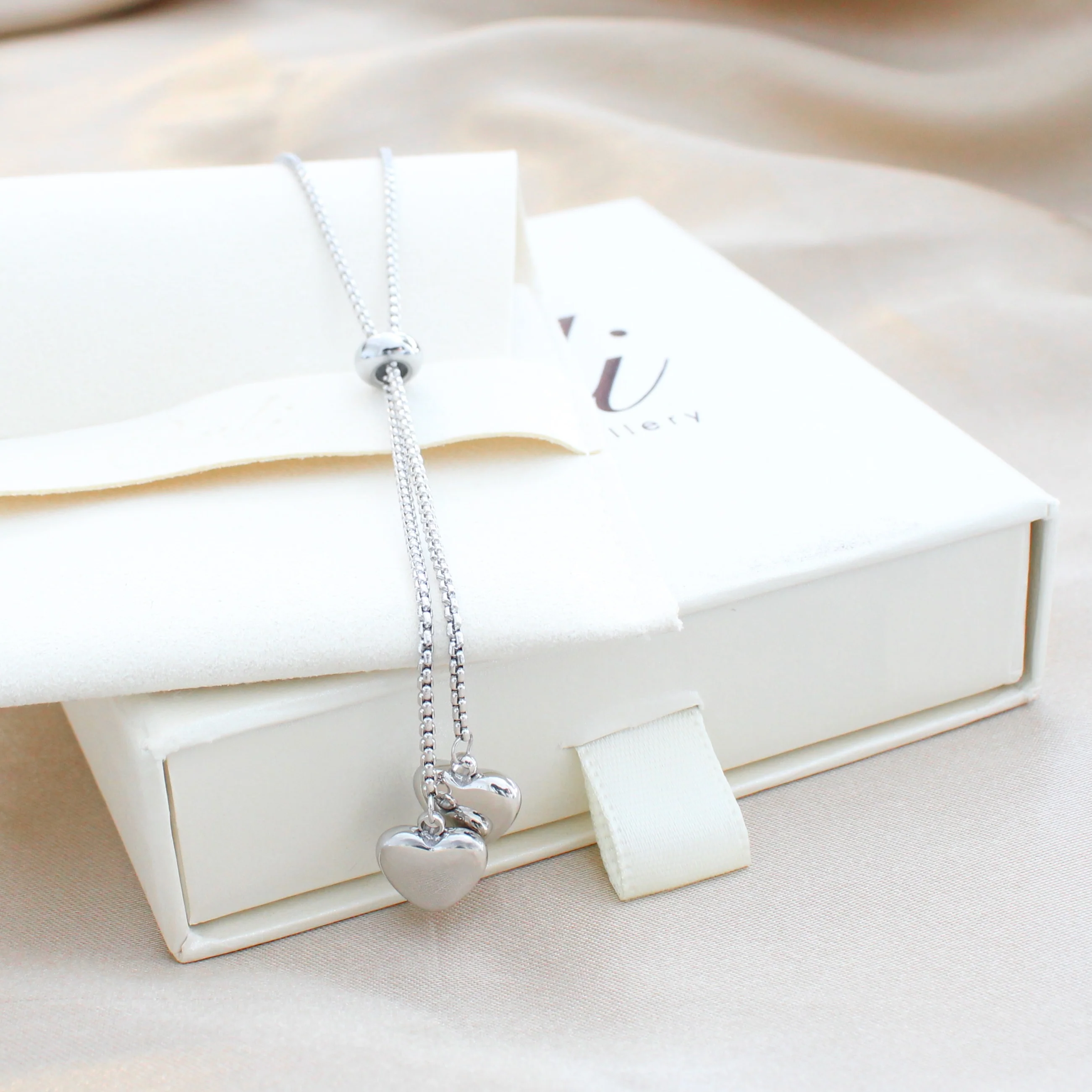 Twin Hearts Adjustable Necklace in Silver - Image 4